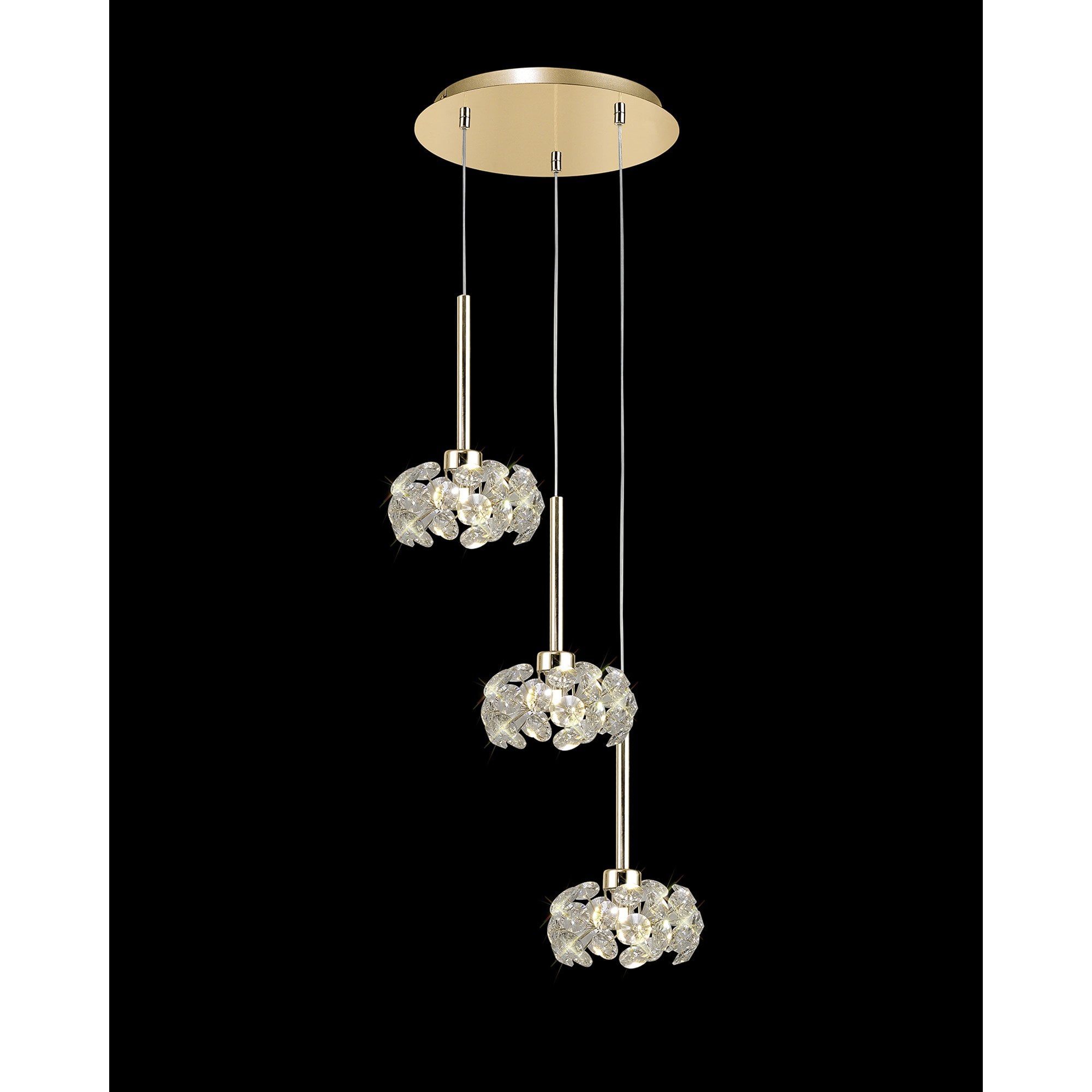 Fabula Grosvenor 3 Light Round Multi-Drop Pendant - French Gold & Crystal Glass