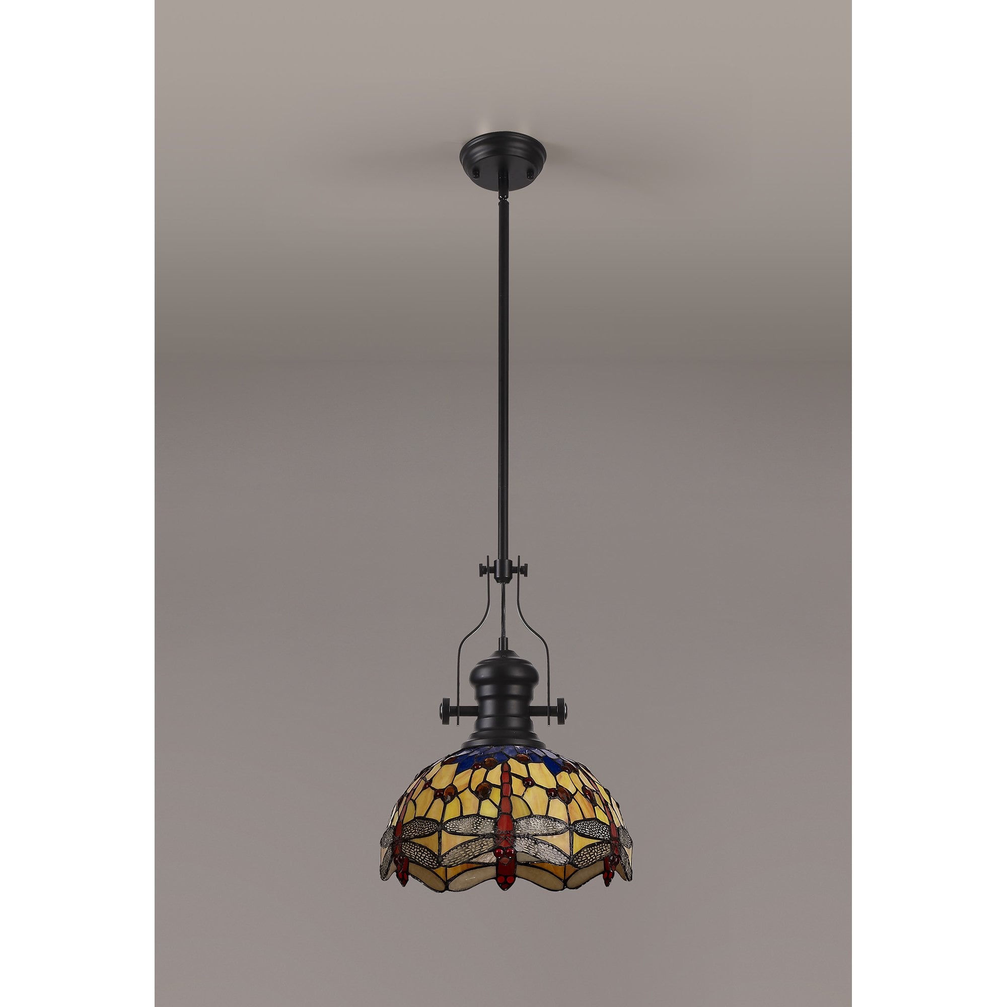Fabula Hornbeam Matt Black Single Pendant - 30cm Tiffany Shade - Blue & Orange