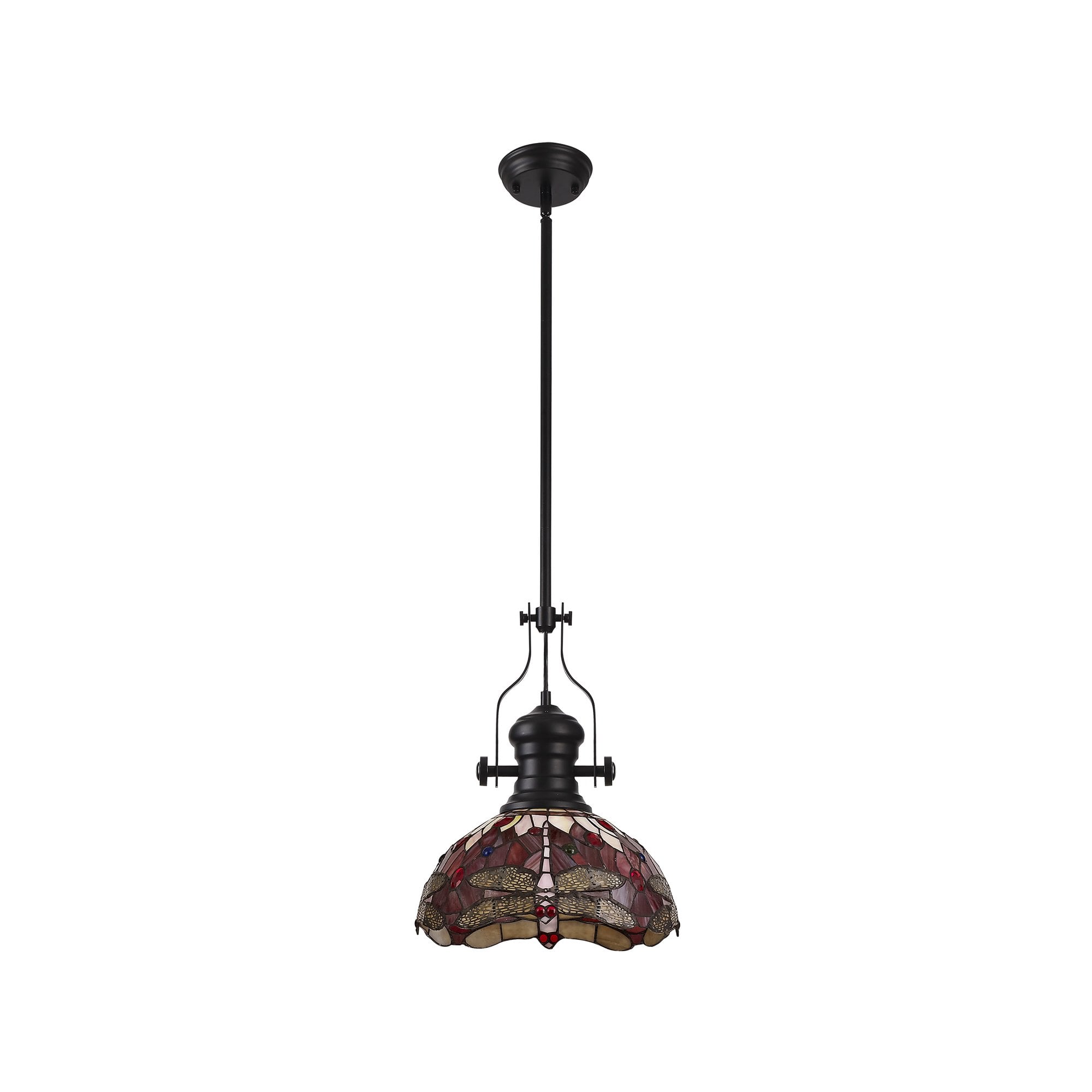 Fabula Hornbeam Matt Black Single Pendant - 30cm Tiffany Shade - Purple & Pink