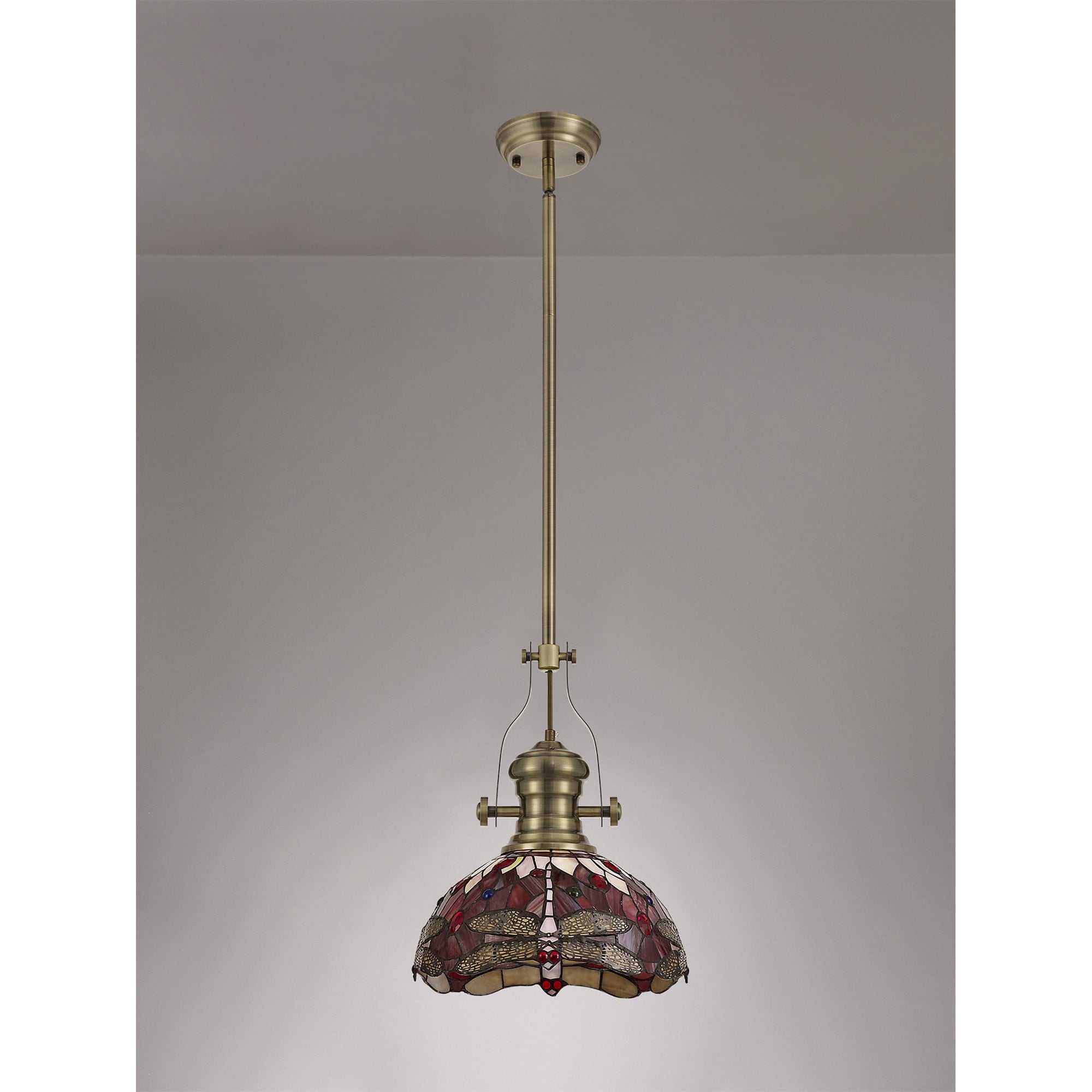 Fabula Hornbeam Antique Brass Single Pendant - 30cm Tiffany Shade - Purple & Pink