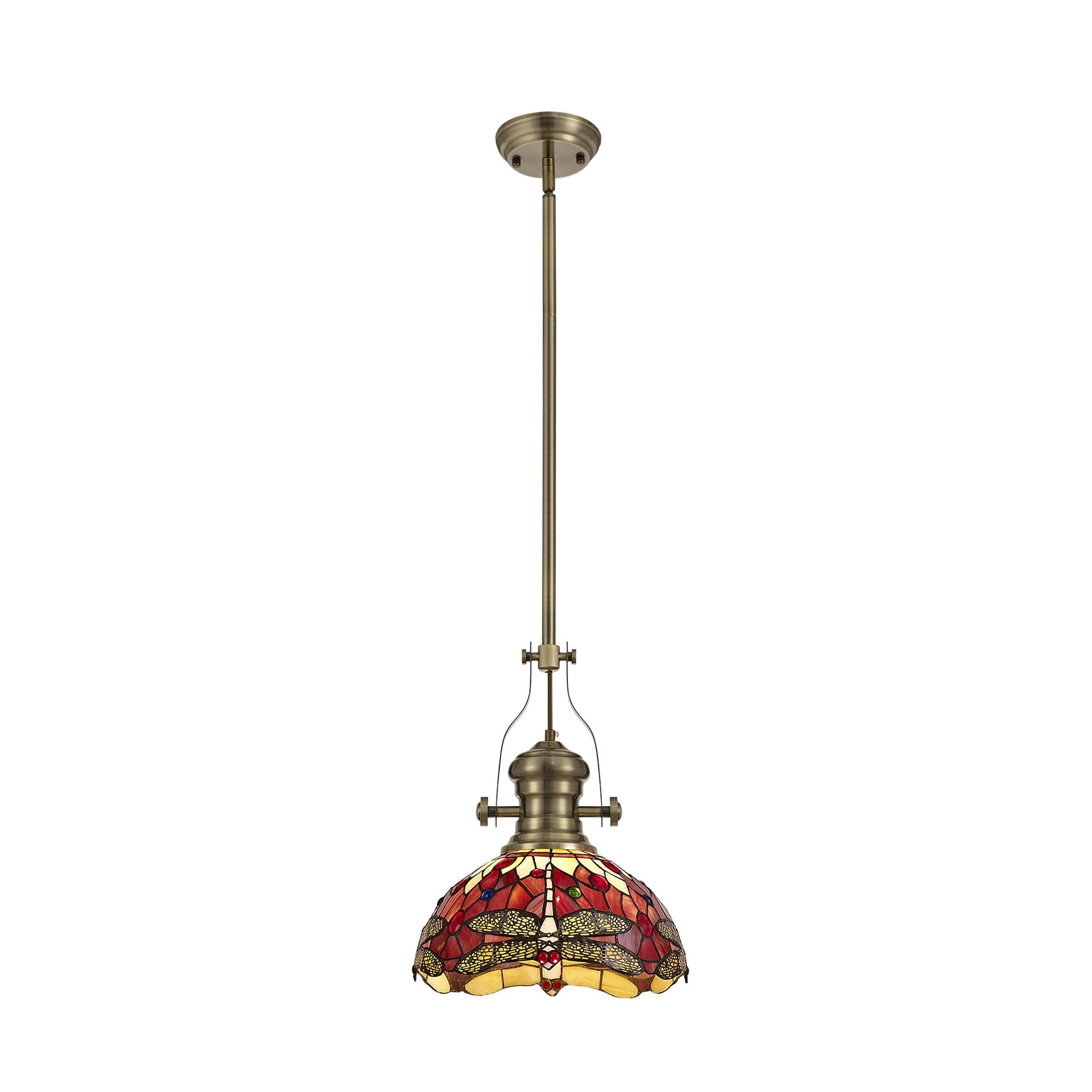 Fabula Hornbeam Antique Brass Single Pendant - 30cm Tiffany Shade - Purple & Pink