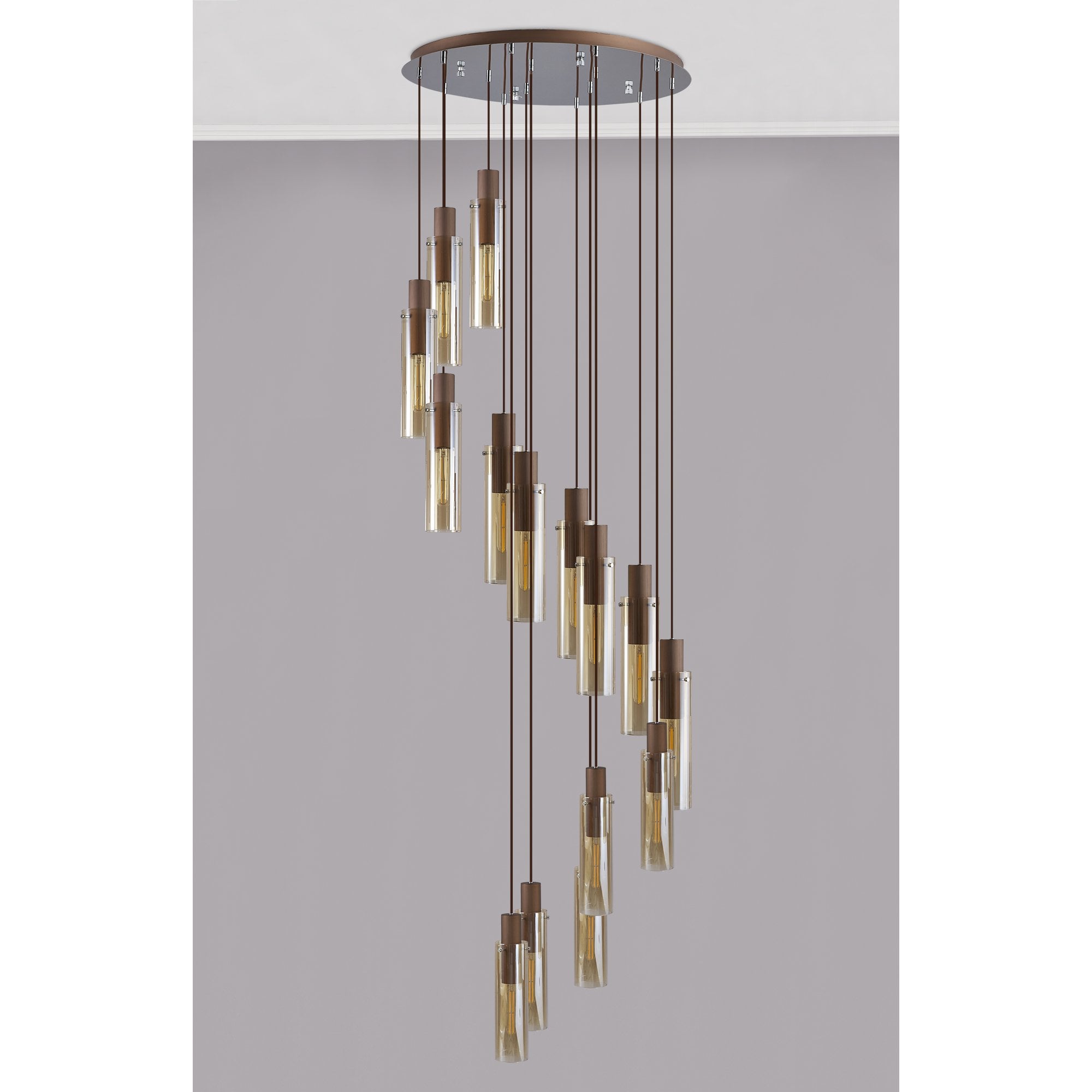 Fabula Kingfisher Adjustable 15 Light Round Pendant - Mocha & Amber Glass