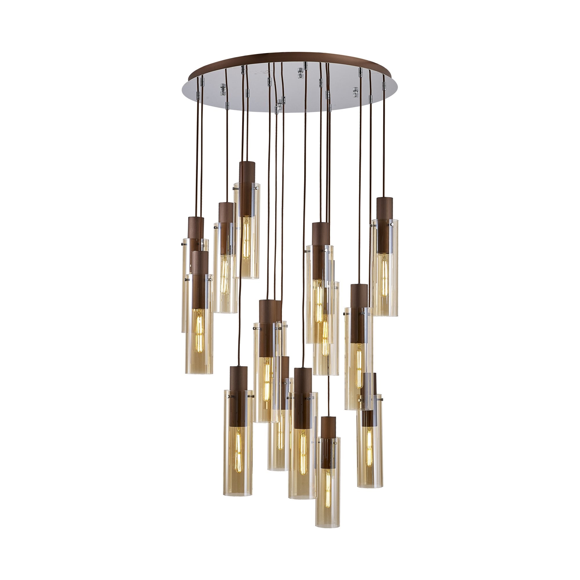 Fabula Kingfisher Adjustable 15 Light Round Pendant - Mocha & Amber Glass