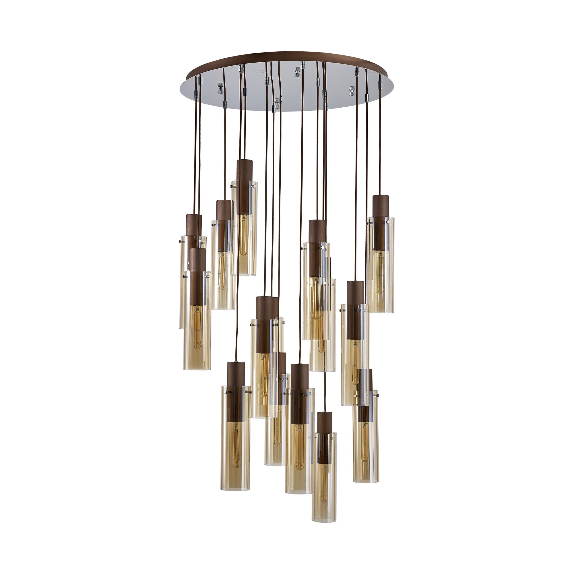 Fabula Kingfisher Adjustable 15 Light Round Pendant - Mocha & Amber Glass