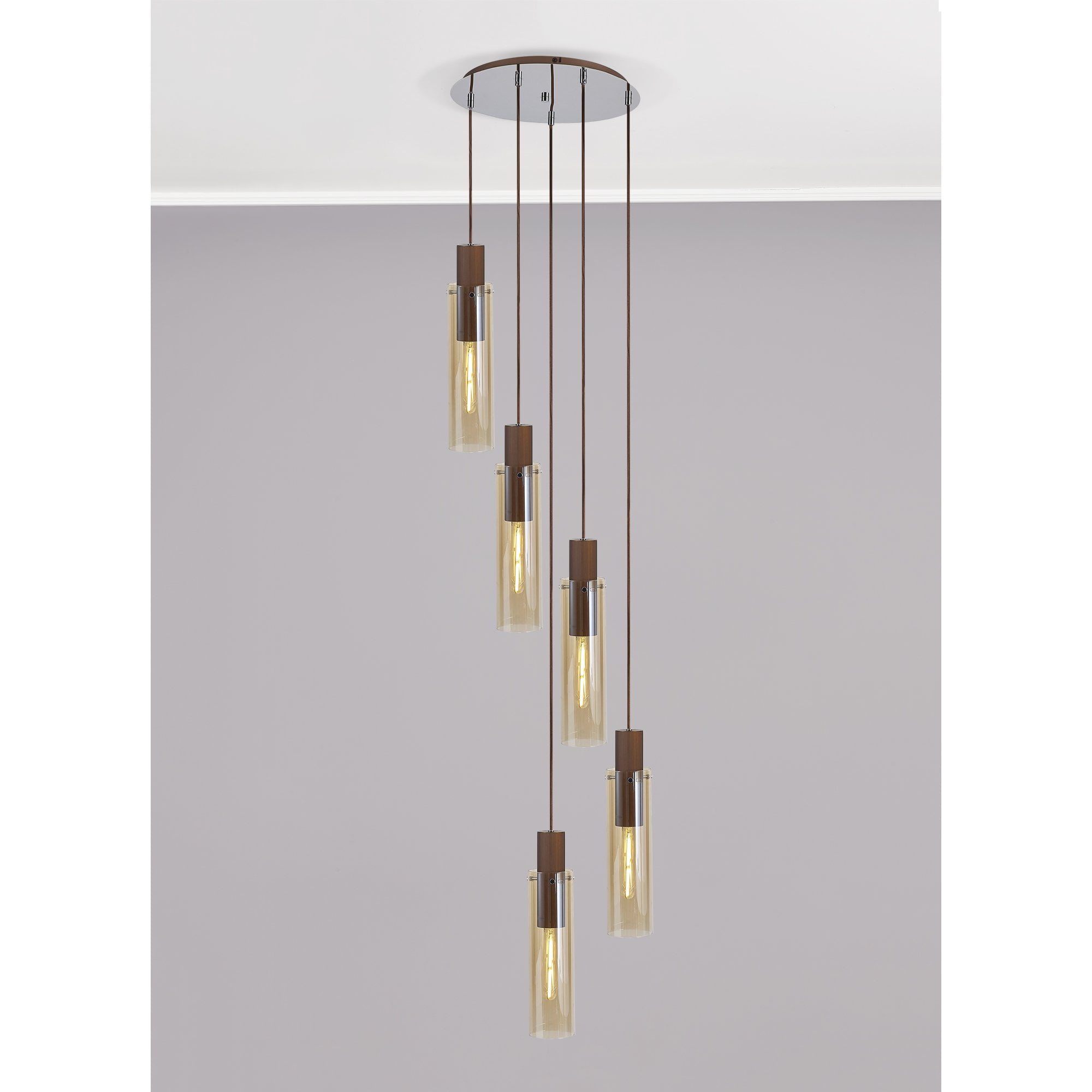 Fabula Kingfisher Adjustable 5 Light Round Pendant - Mocha & Amber Glass