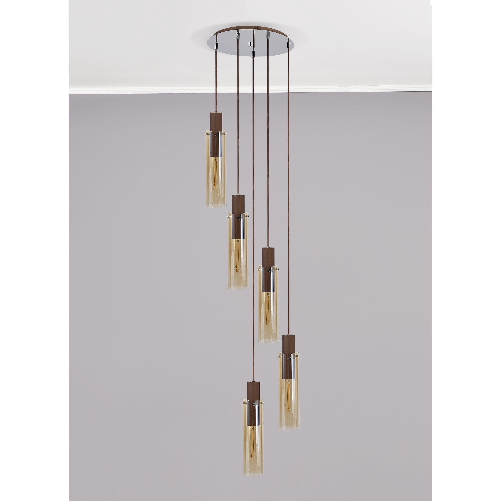 Fabula Kingfisher Adjustable 5 Light Round Pendant - Mocha & Amber Glass