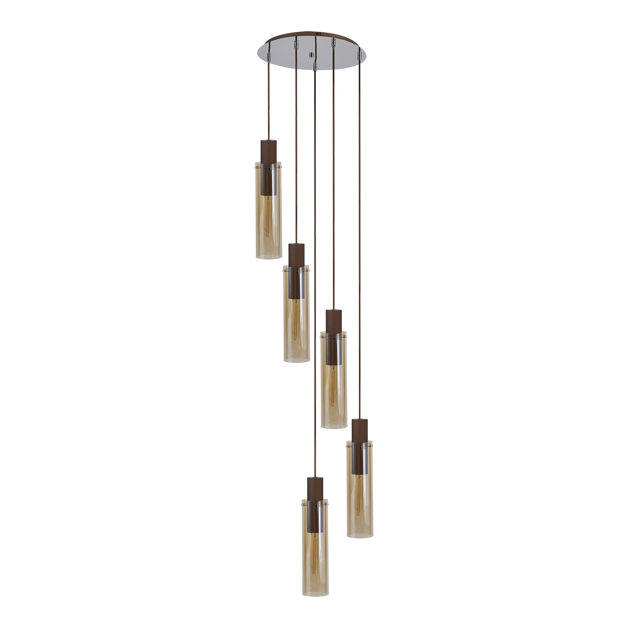 Fabula Kingfisher Adjustable 5 Light Round Pendant - Mocha & Amber Glass