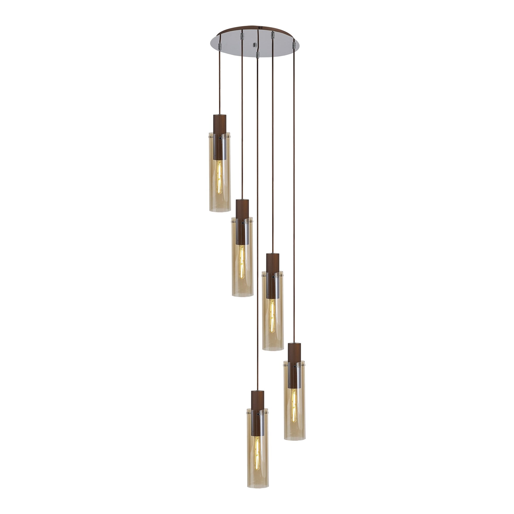 Fabula Kingfisher Adjustable 5 Light Round Pendant - Mocha & Amber Glass