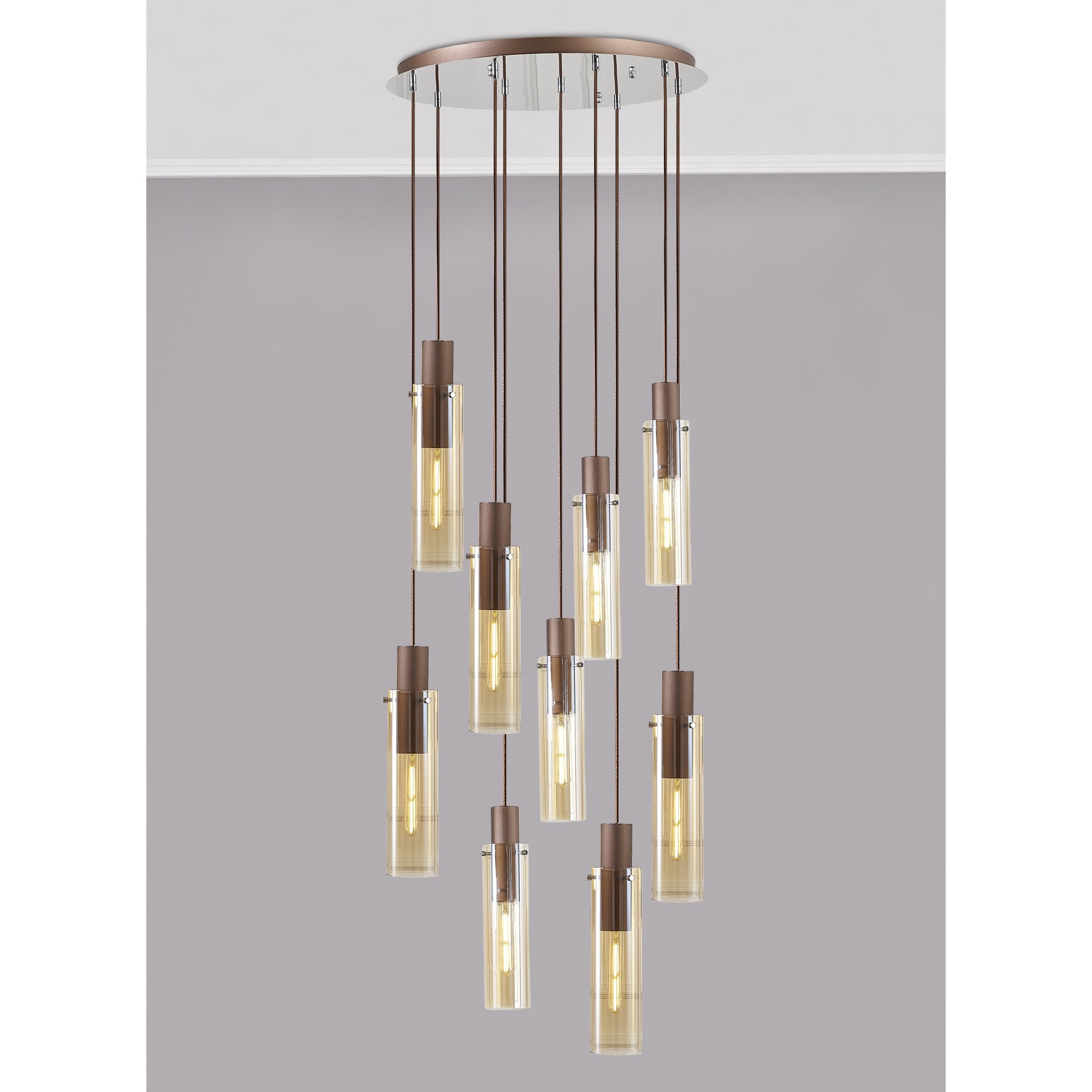 Fabula Kingfisher Adjustable 9 Light Round Pendant - Mocha & Amber Glass