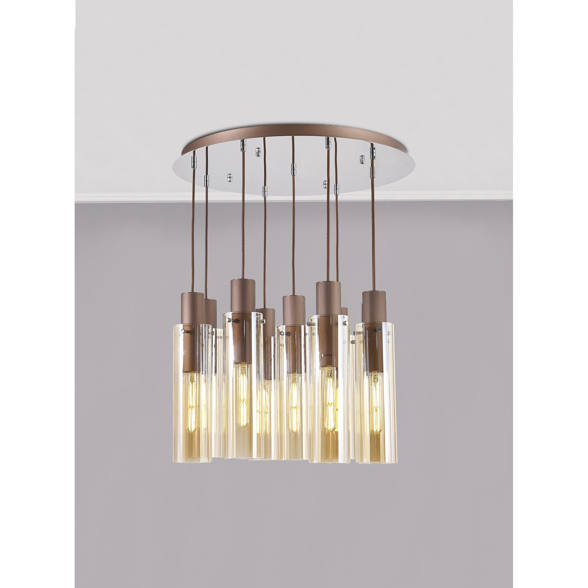 Fabula Kingfisher Adjustable 9 Light Round Pendant - Mocha & Amber Glass