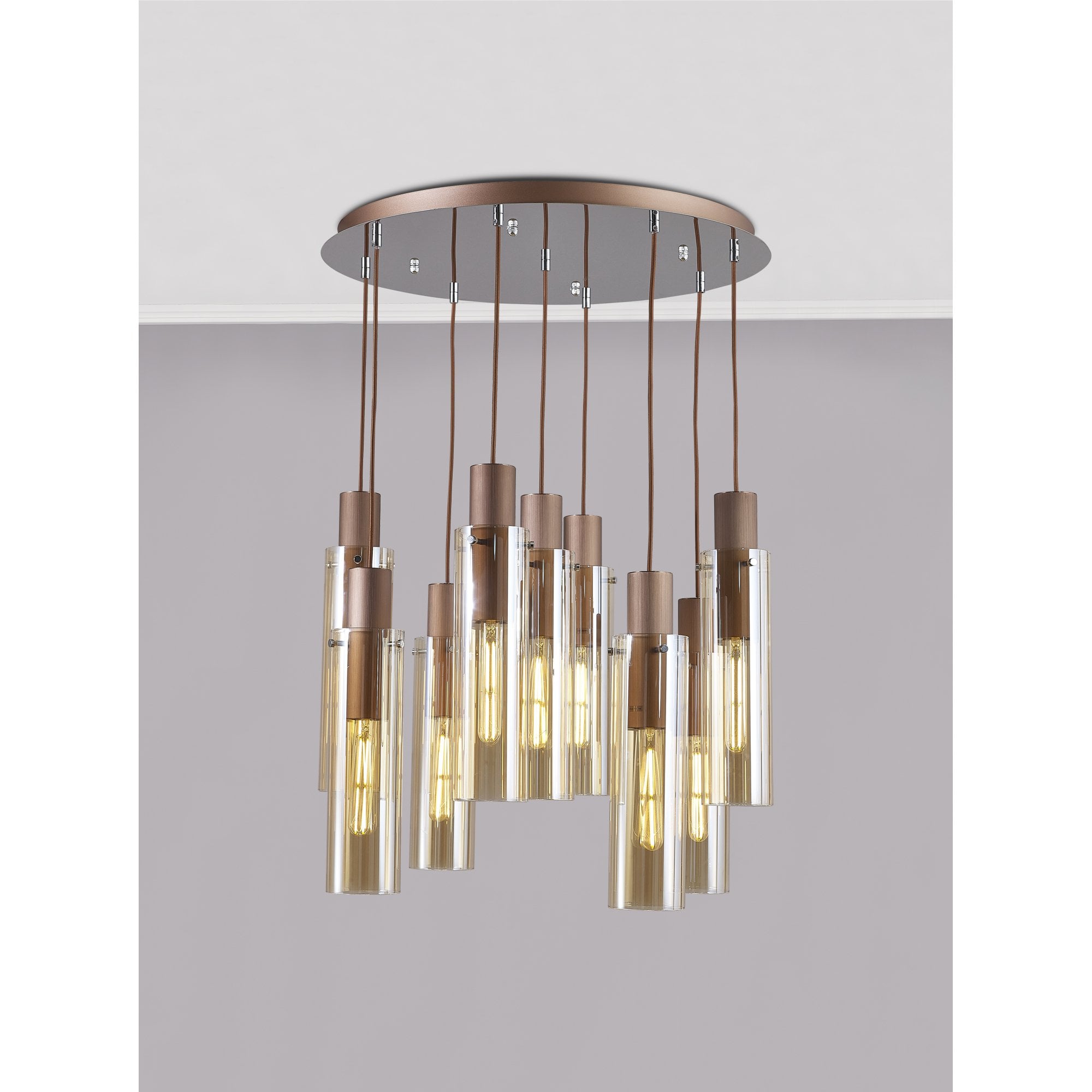 Fabula Kingfisher Adjustable 9 Light Round Pendant - Mocha & Amber Glass