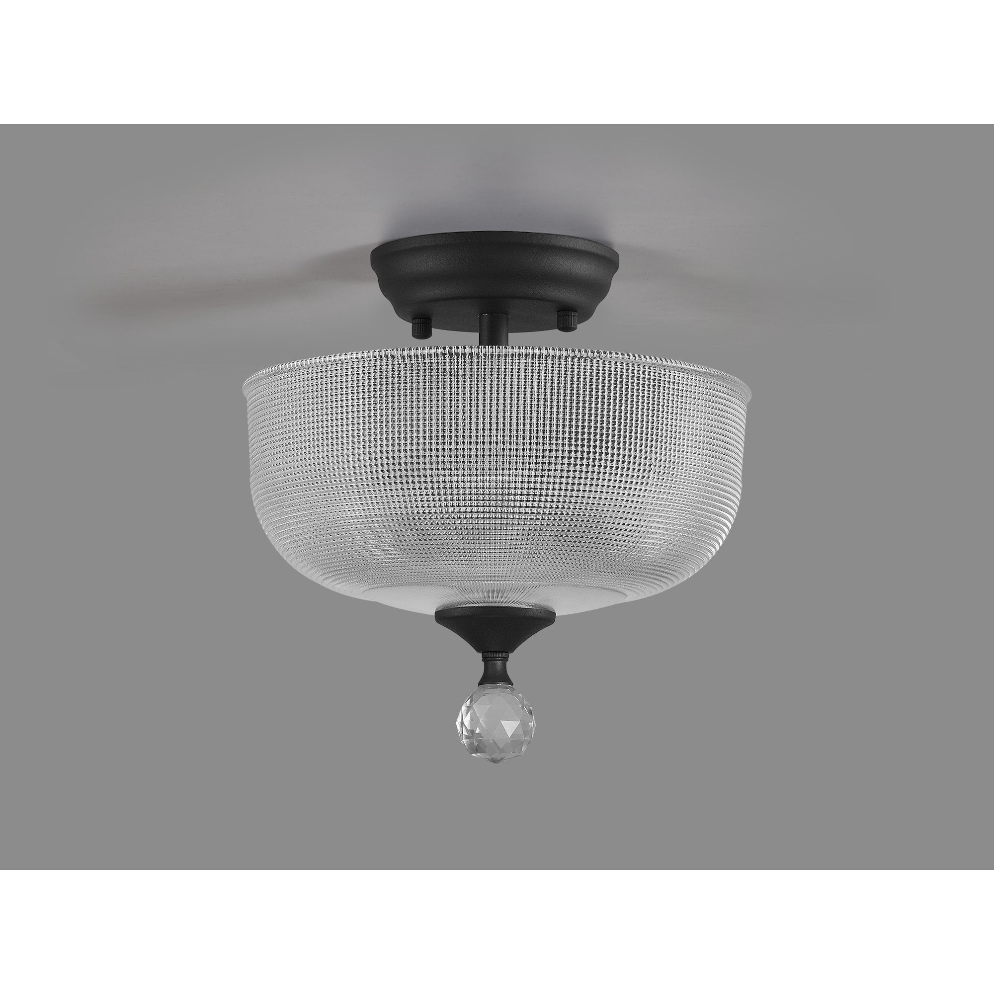 Fabula Mansfield 2 Light Semi-Flush Light - 26.5cm Round Prismatic Effect Glass Shade - Graphite & Clear Glass
