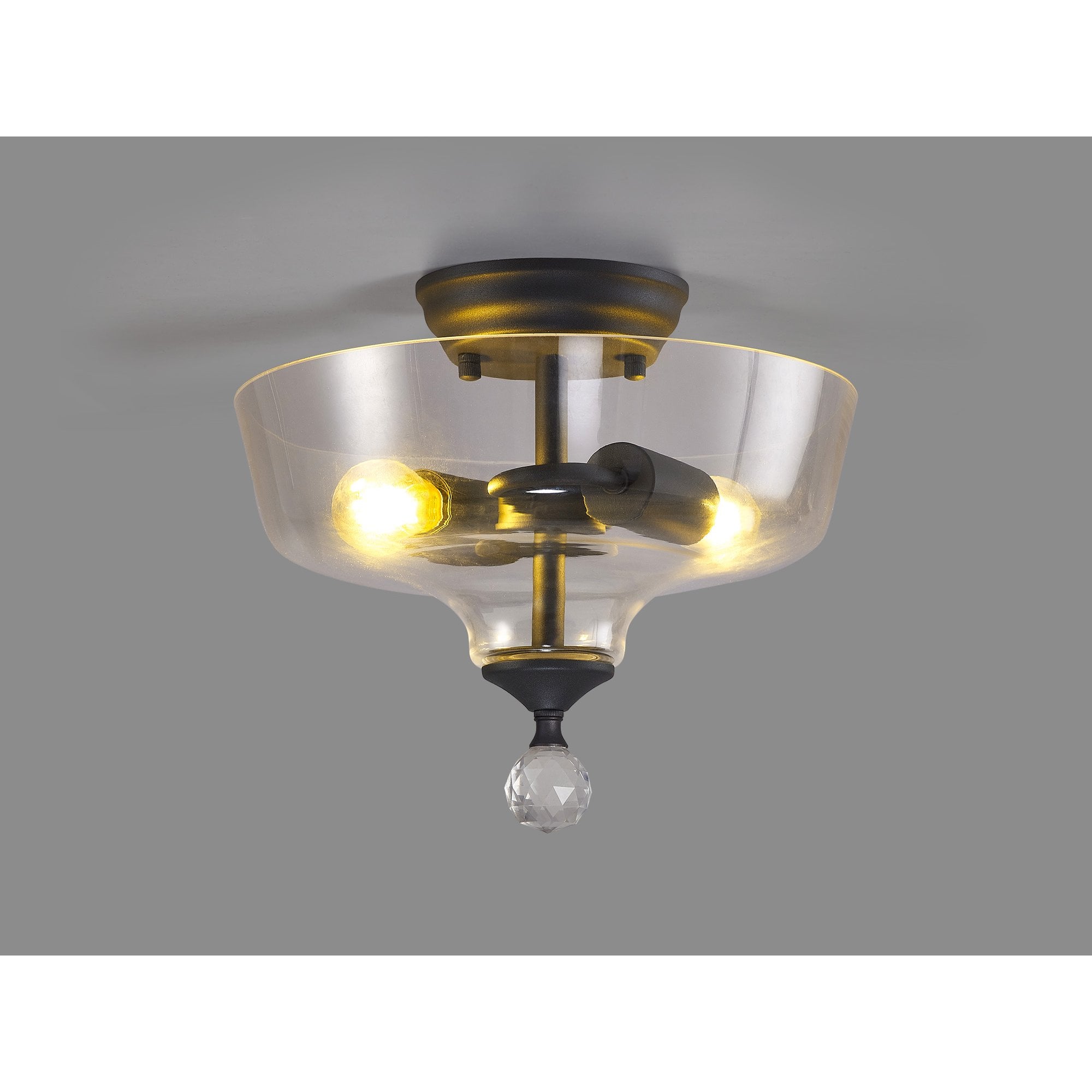 Fabula Mansfield 2 Light Semi-Flush Light - 30cm Flat Round Glass Shade - Graphite & Clear Glass