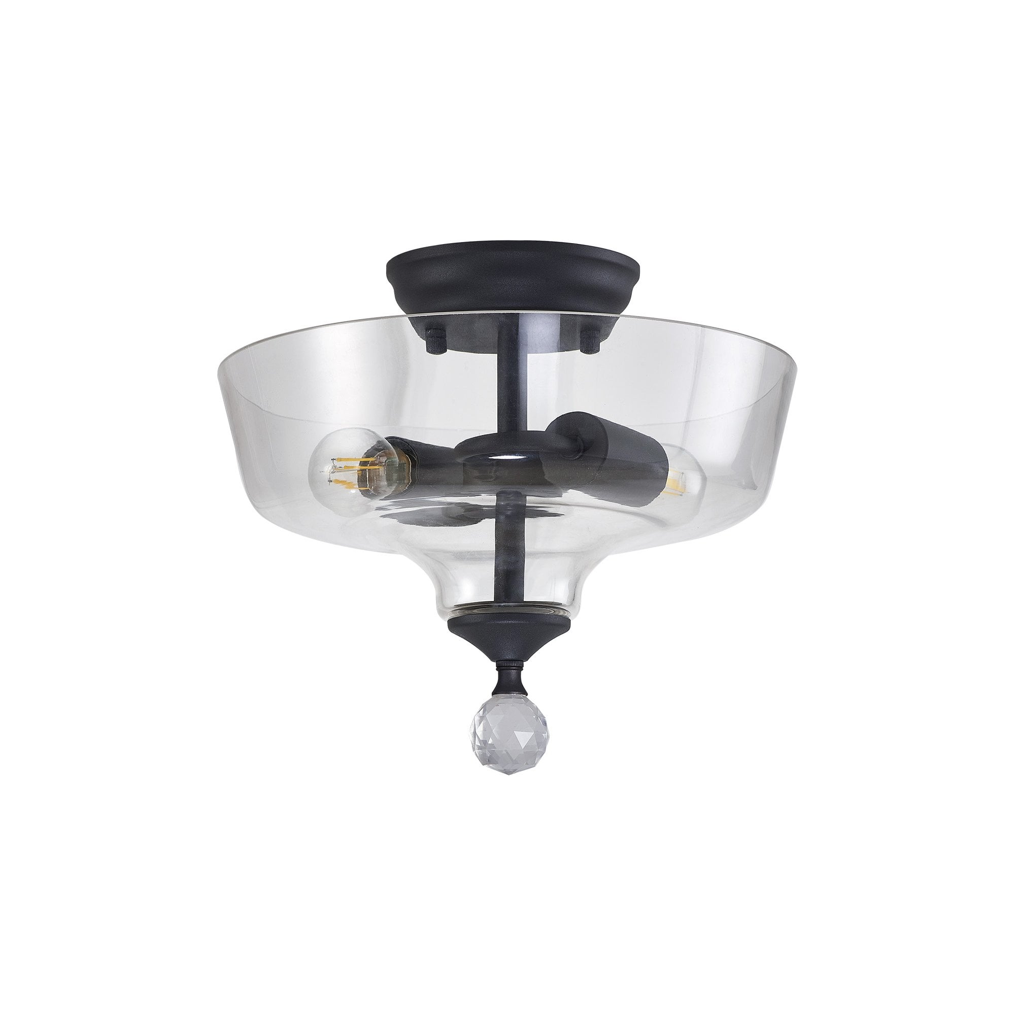 Fabula Mansfield 2 Light Semi-Flush Light - 30cm Flat Round Glass Shade - Graphite & Clear Glass
