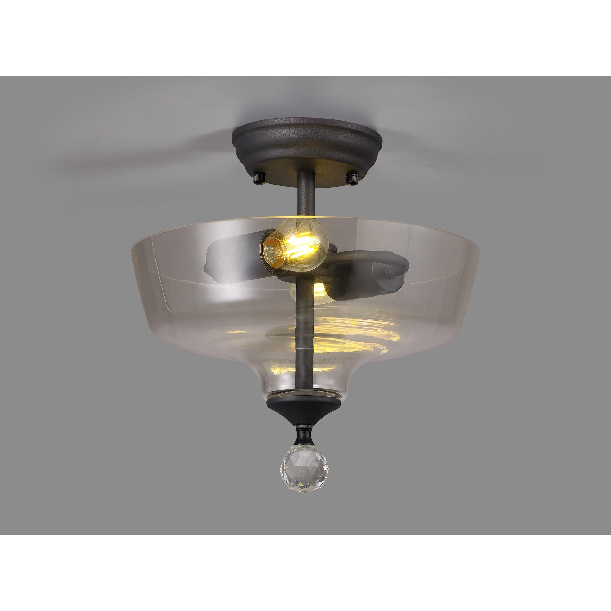 Fabula Mansfield 2 Light Semi-Flush Light - 30cm Flat Round Glass Shade - Graphite & Clear Glass