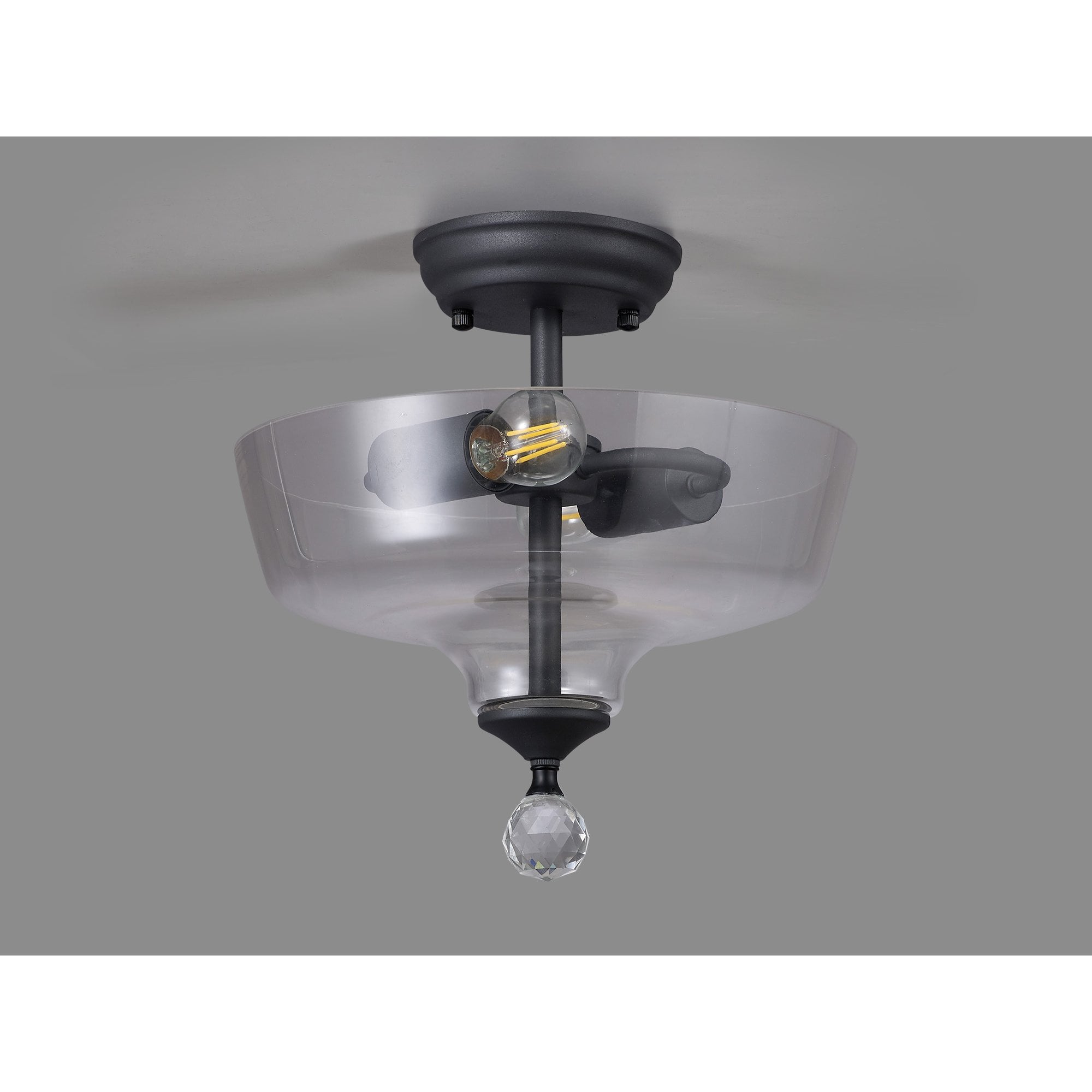 Fabula Mansfield 2 Light Semi-Flush Light - 30cm Flat Round Glass Shade - Graphite & Clear Glass