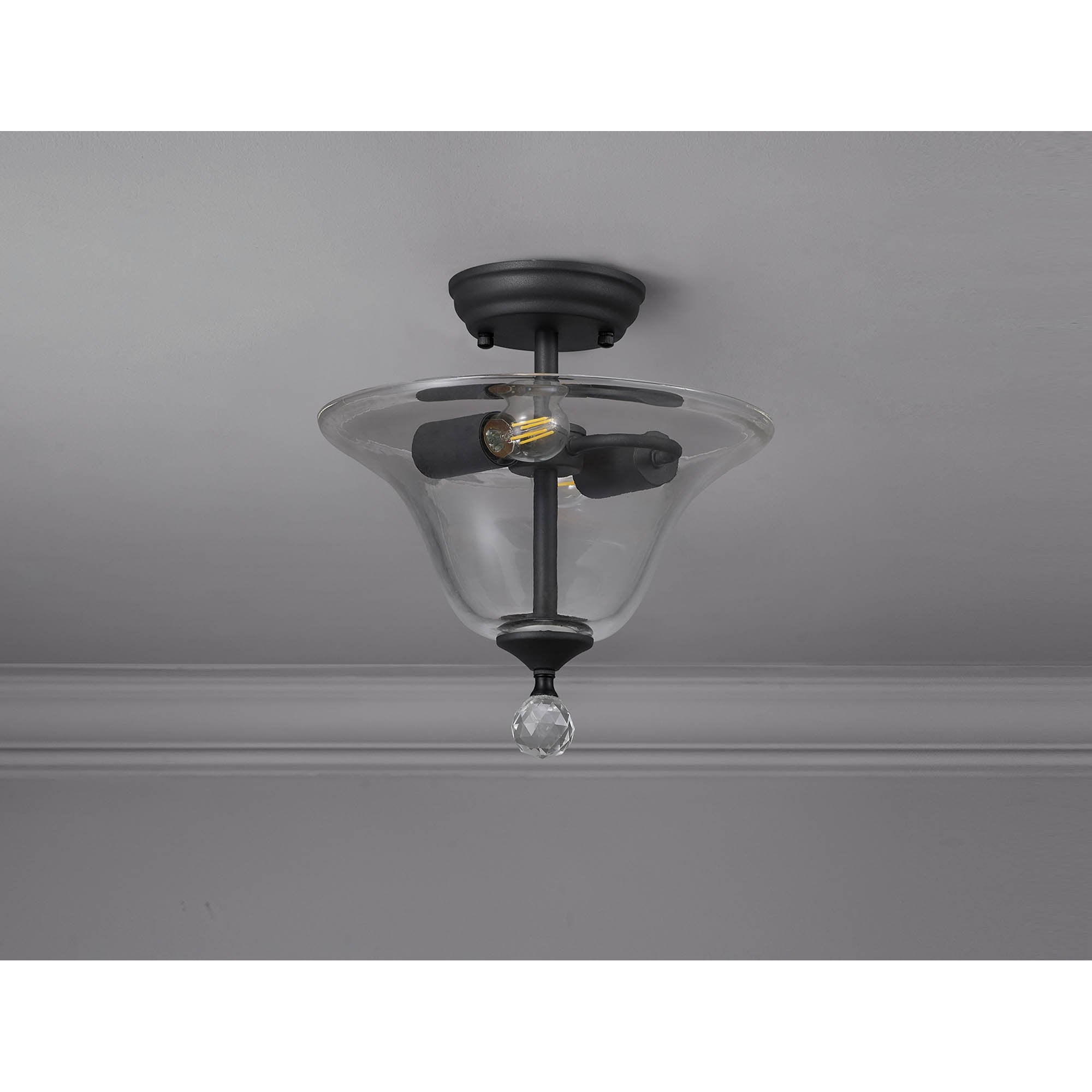 Fabula Mansfield 2 Light Semi-Flush Light - 30cm Smooth Bell Glass Shade - Graphite & Clear Glass