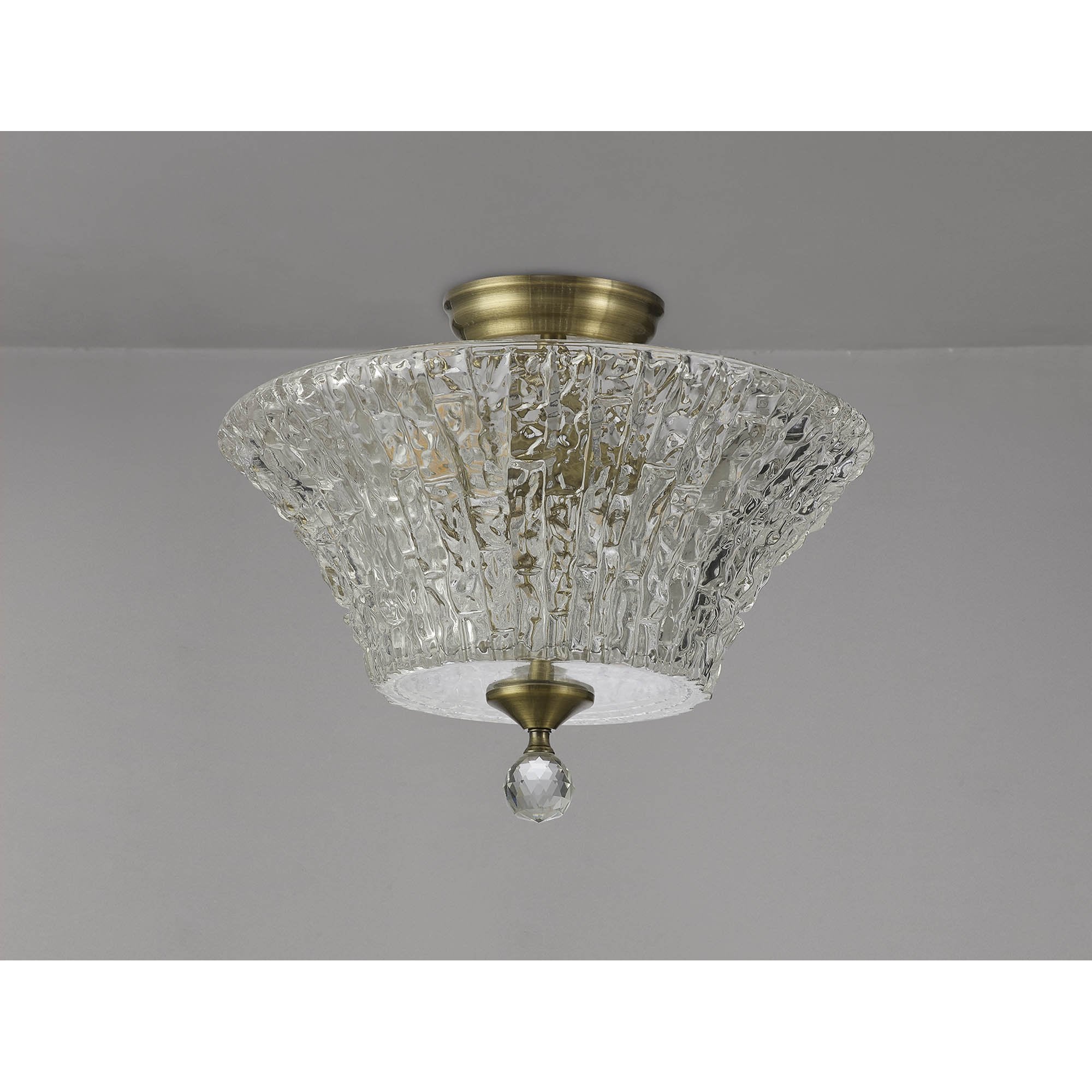 Fabula Mansfield 2 Light Semi-Flush Light - 38cm Round Patterned Glass Shade - Antique Brass & Clear Glass