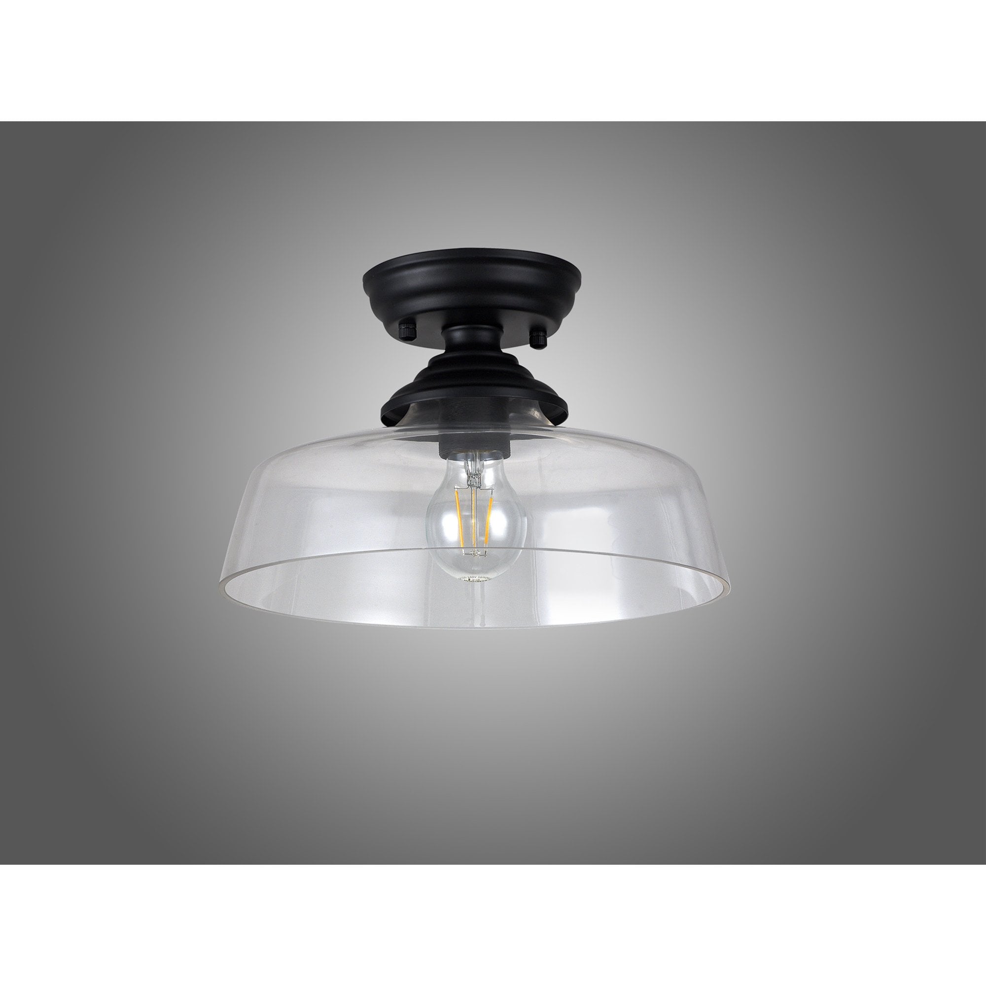 Fabula Mansfield Single Flush Light - 30cm Flat Round Glass Shade - Matt Black & Clear Glass