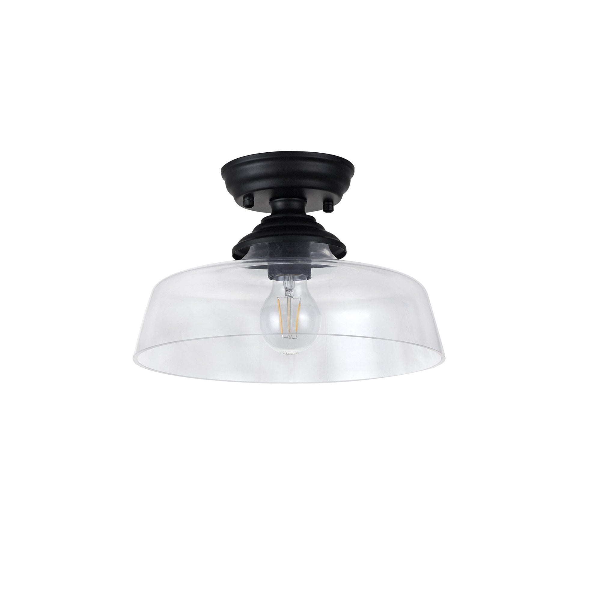 Fabula Mansfield Single Flush Light - 30cm Flat Round Glass Shade - Matt Black & Clear Glass