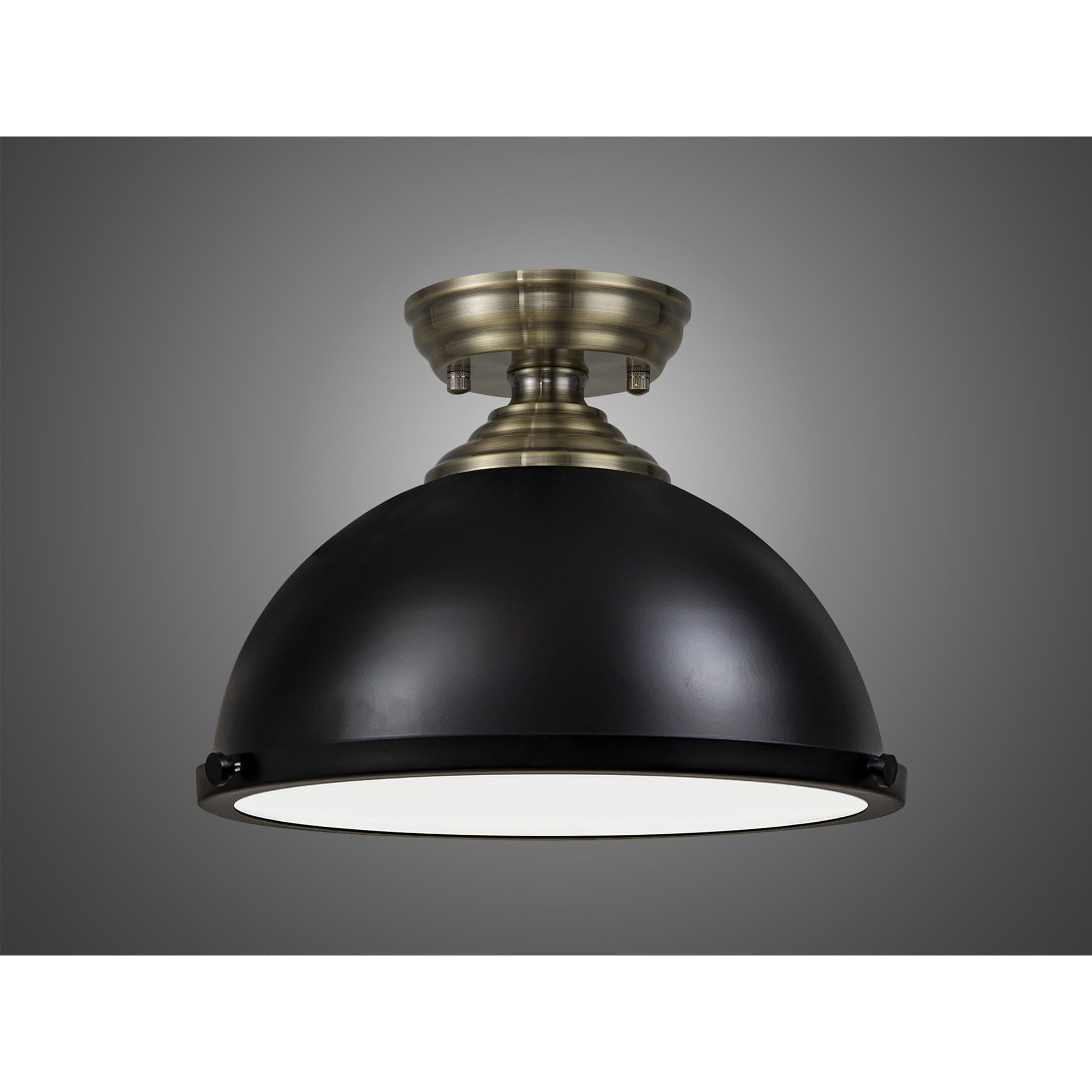Fabula Mansfield Single Flush Light - 31cm Round Metal Shade - Antique Brass & Matt Black