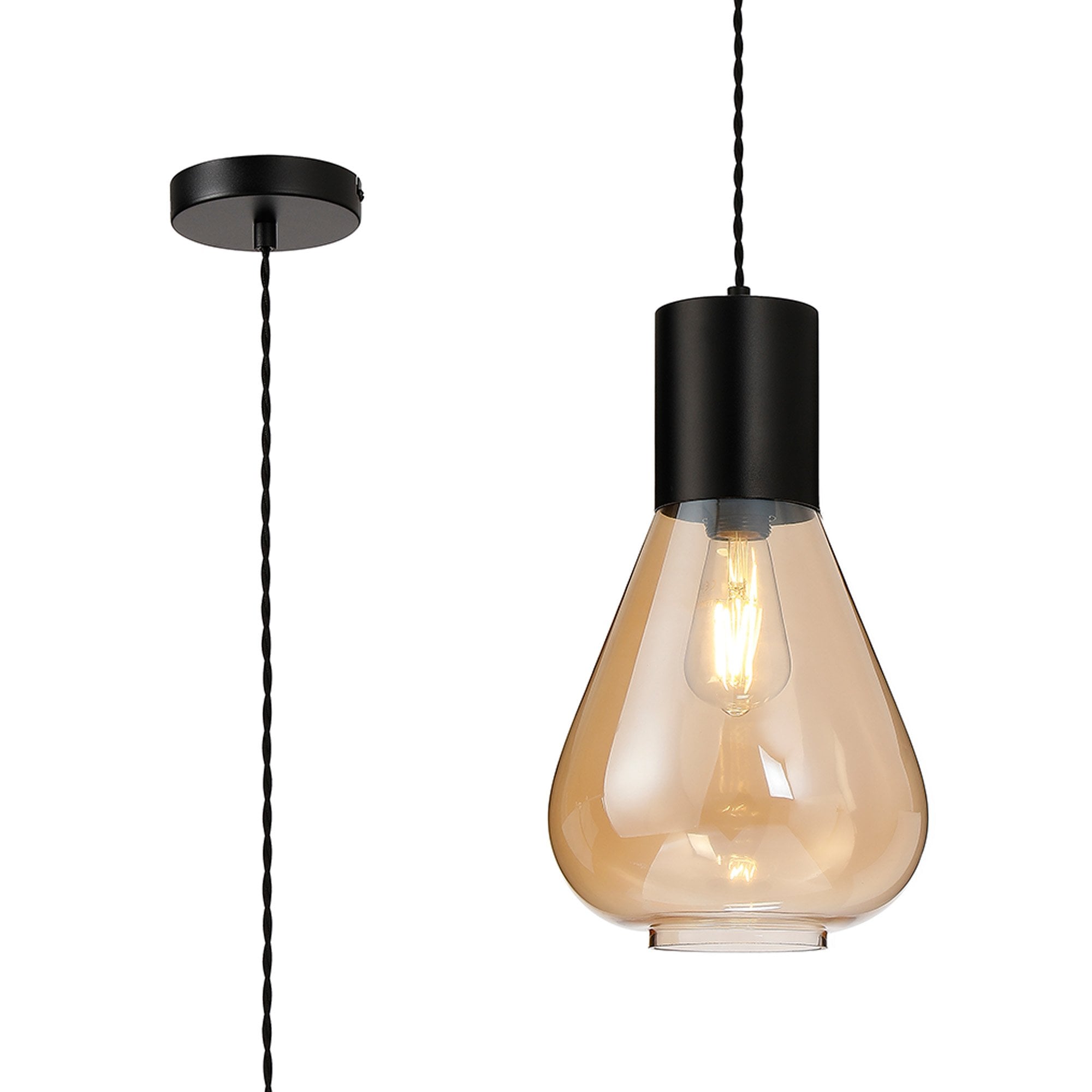 Fabula Maple Narrow Pendant - Satin Black & Amber Glass