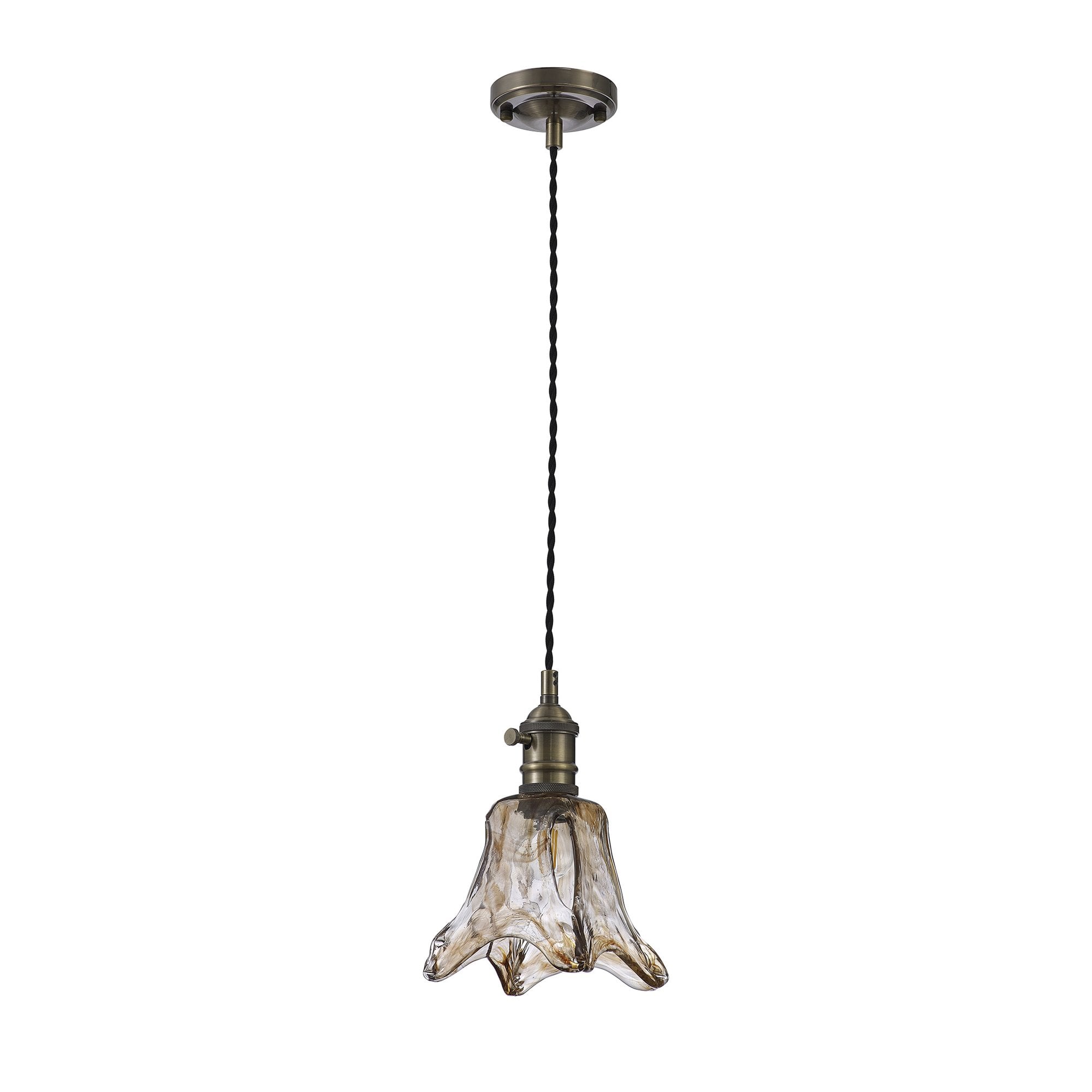 Fabula Merryhill Single Pendant - Antique Brass, Black Twisted Cable & Brown Flower Glass