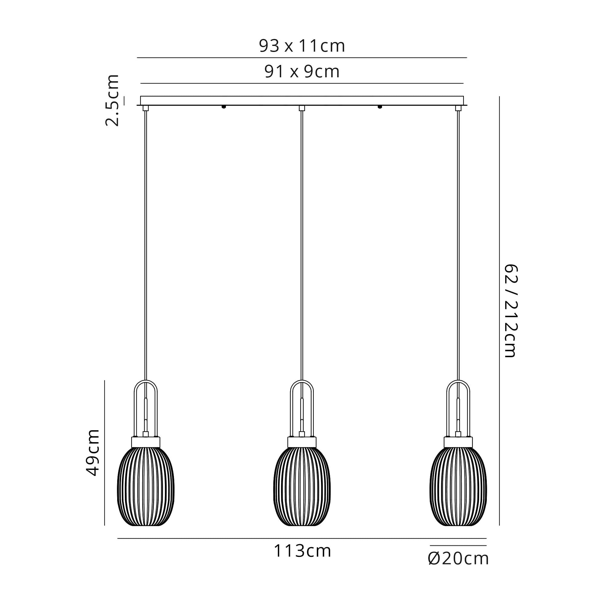 Fabula Springfield 3 Light Linear Pendant - 20cm Almond Ribbed Glass Shades - Copper & Clear Glass
