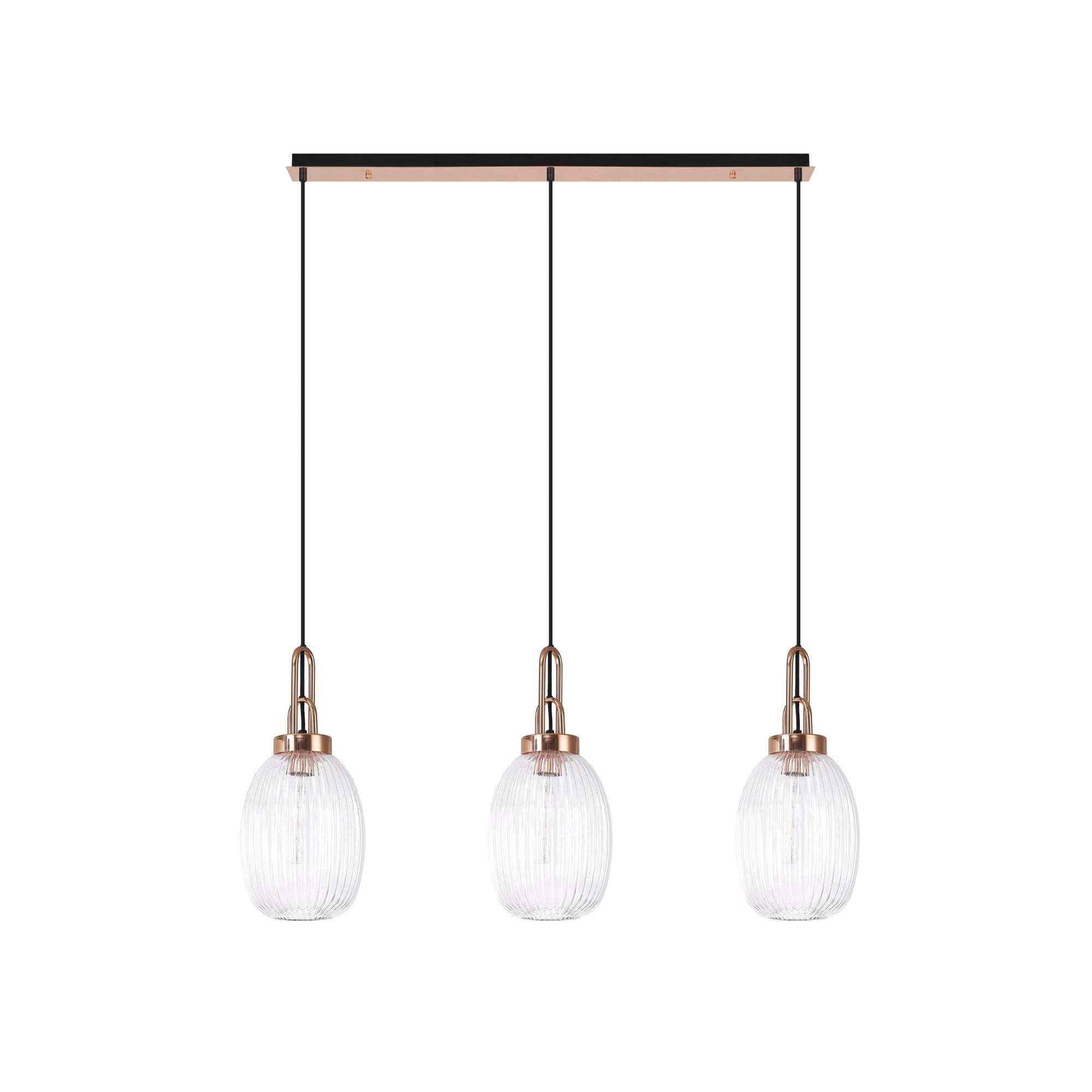 Fabula Springfield 3 Light Linear Pendant - 20cm Almond Ribbed Glass Shades - Copper & Clear Glass
