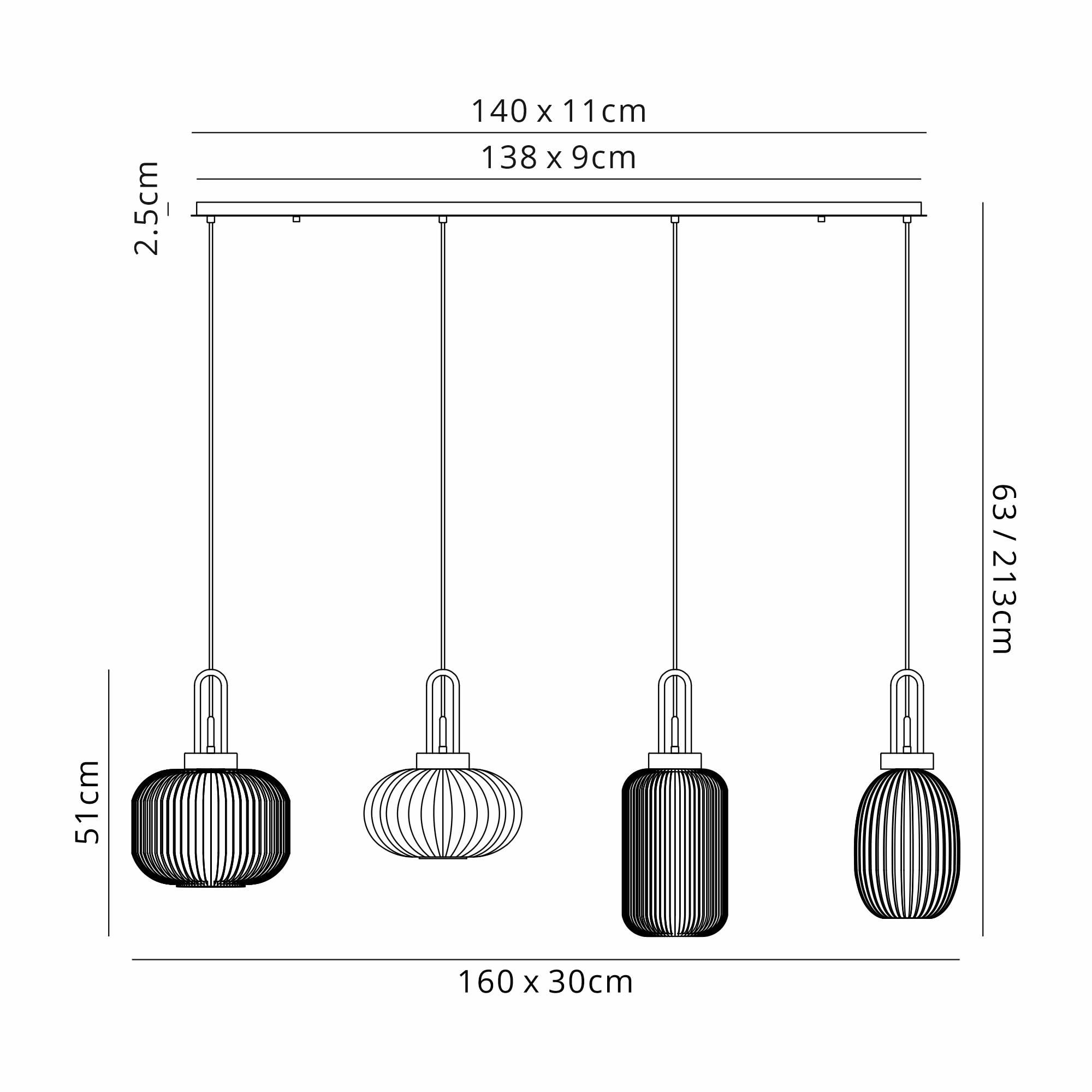 Fabula Springfield 4 Light Linear Pendant - Mixed Glass Shades - Brass Gold & Opal Glass