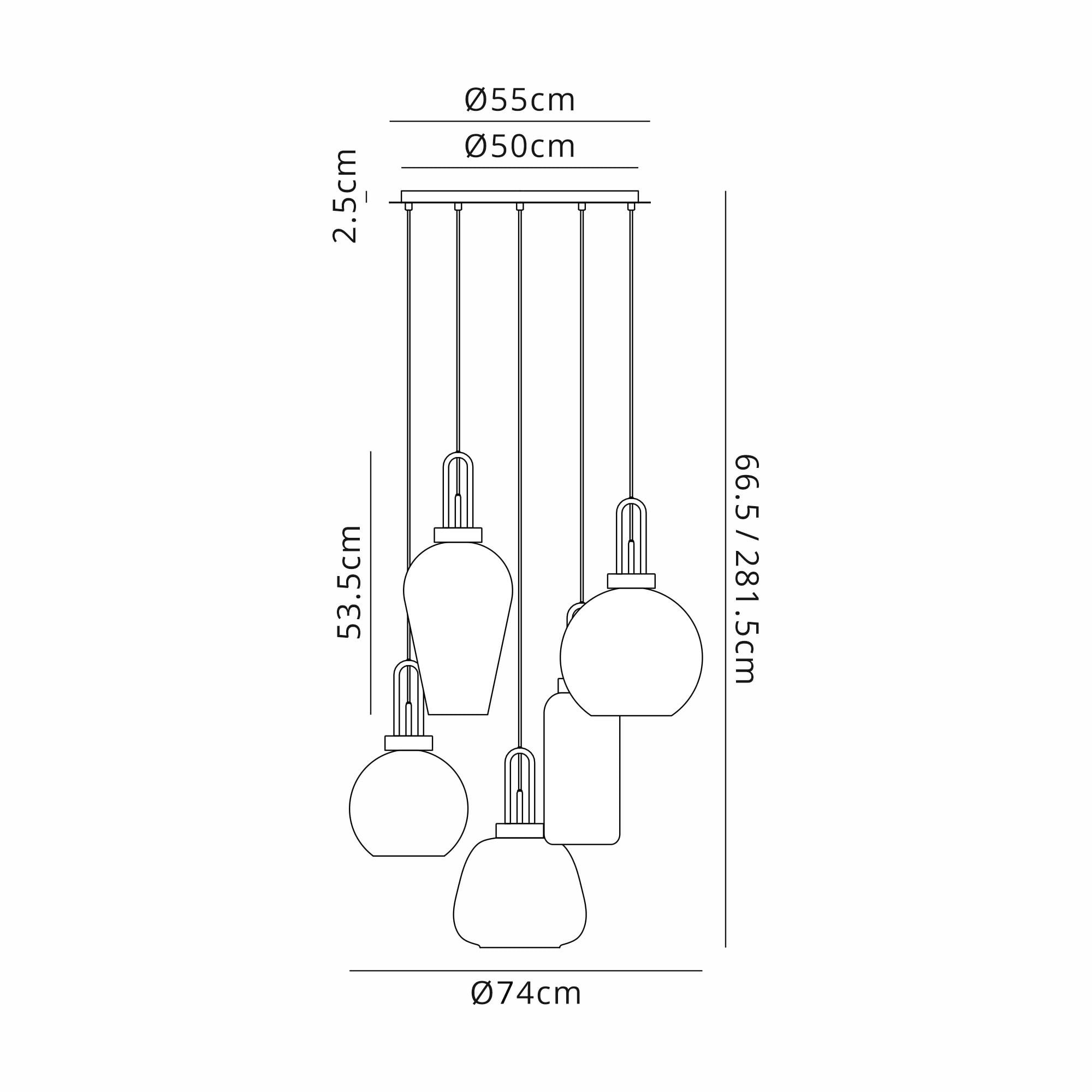 Fabula Springfield 5 Light Round Pendant - Mixed Glass Shades - Brass Gold & Multi-Colour Glass