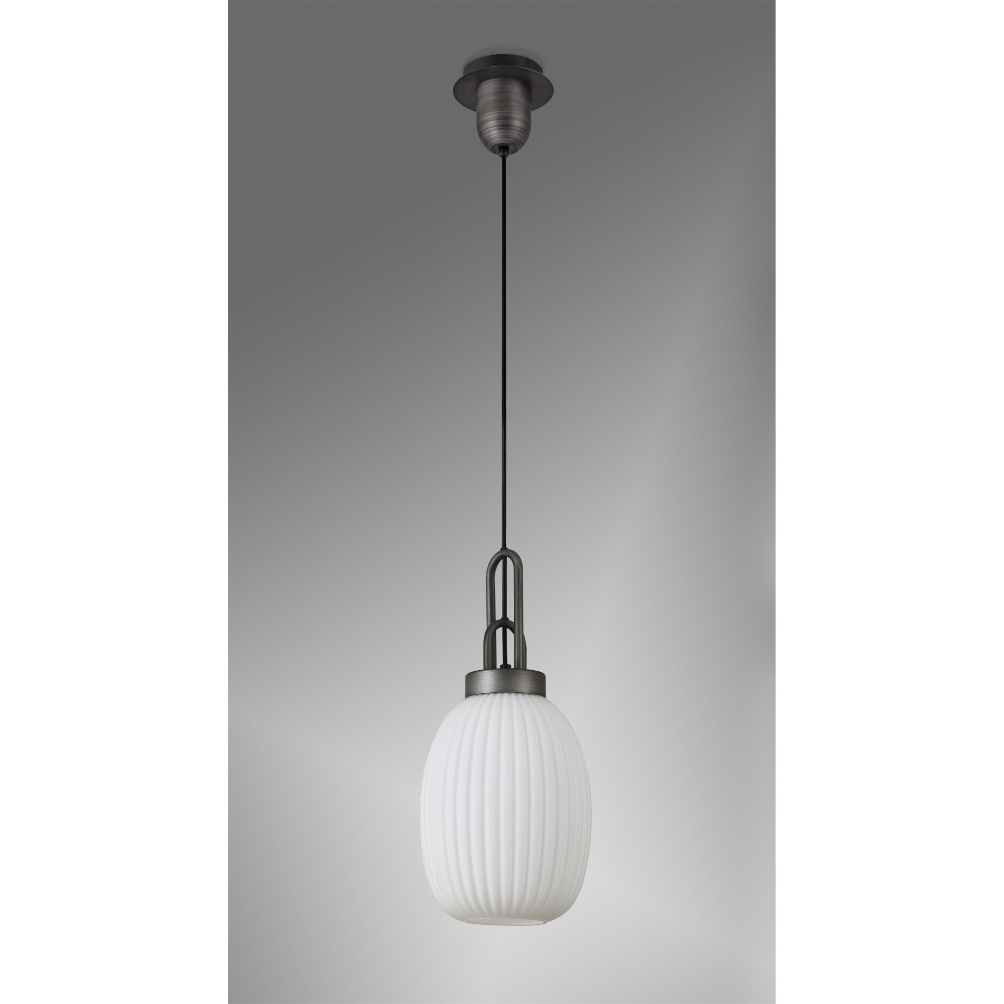 Fabula Springfield Single Pendant - 20cm Almond Ribbed Glass Shade - Aged Pewter & Opal Glass