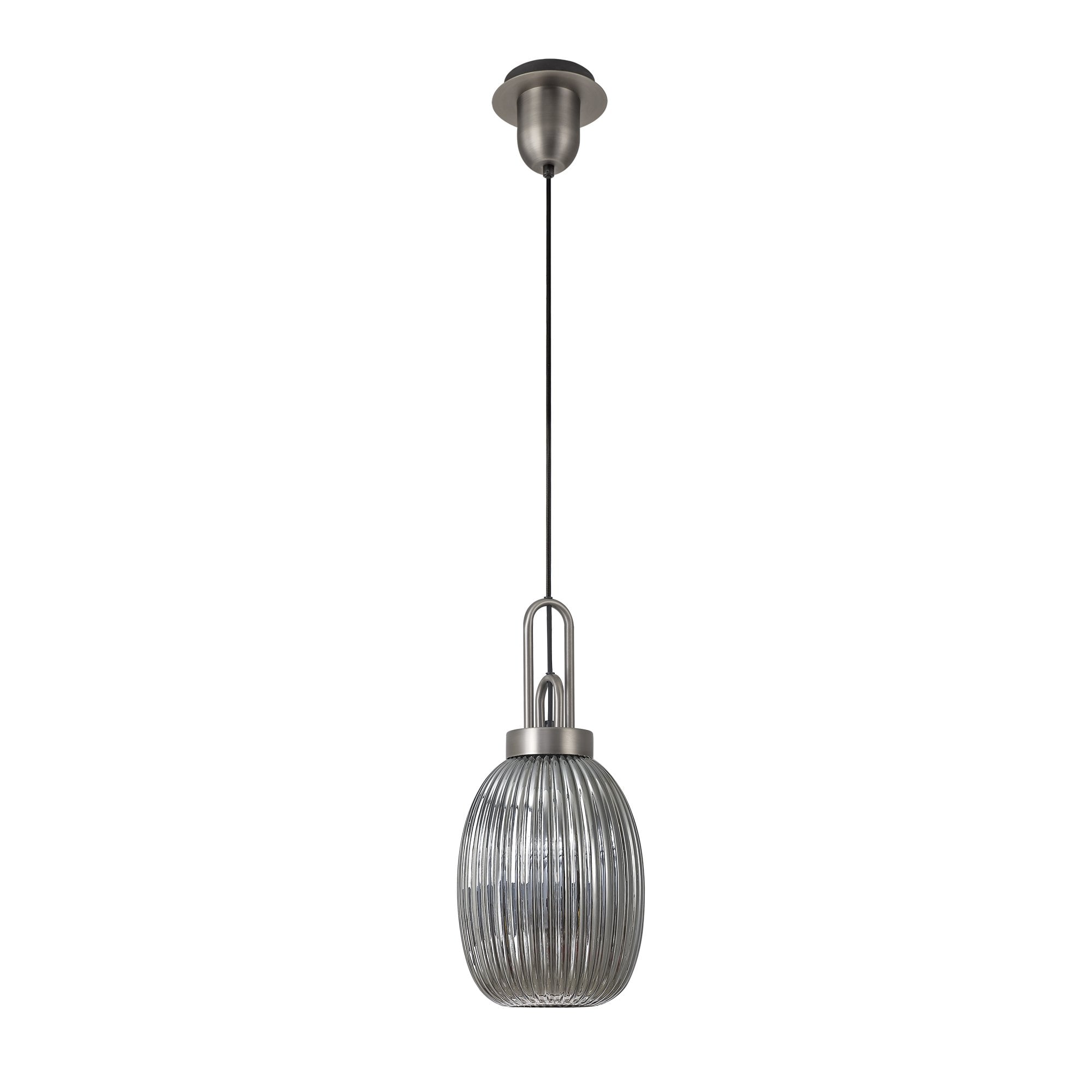 Fabula Springfield Single Pendant - 20cm Almond Ribbed Glass Shade - Antique Silver & Smoked Glass