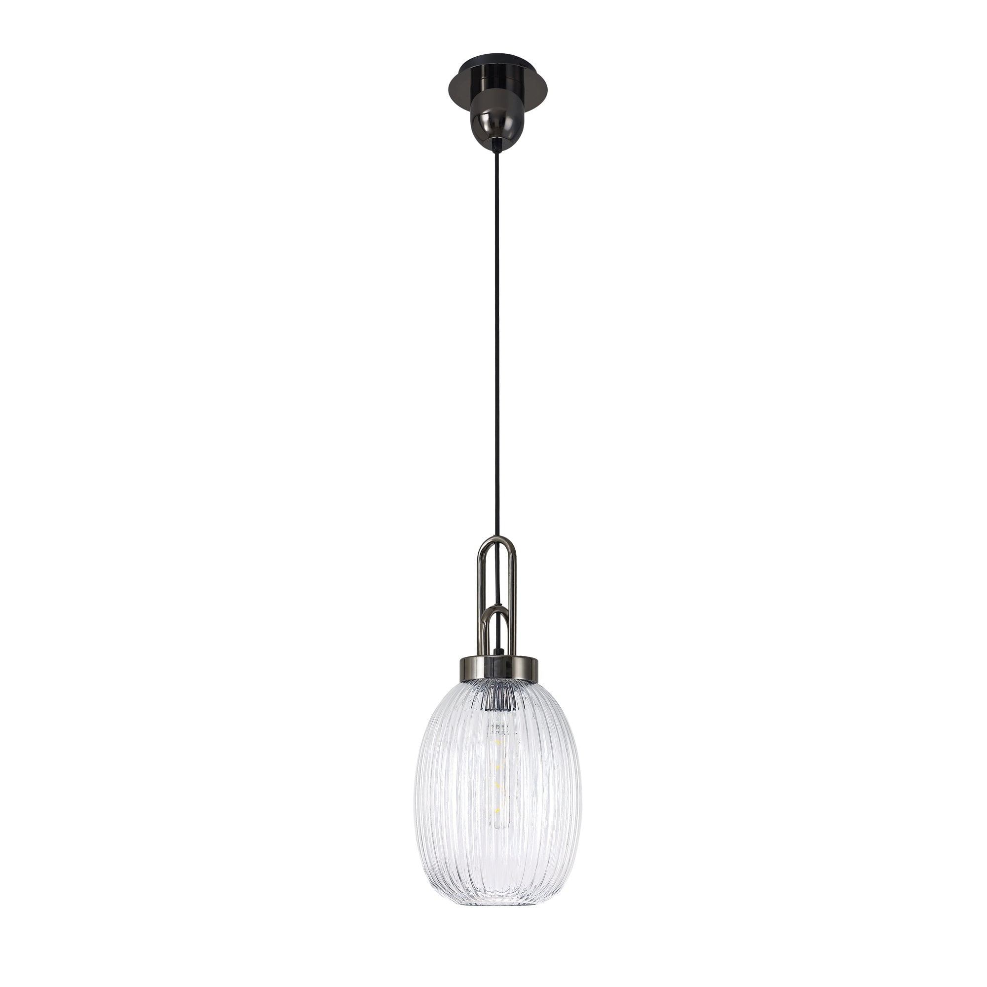 Fabula Springfield Single Pendant - 20cm Almond Ribbed Glass Shade - Black Chrome & Clear Glass