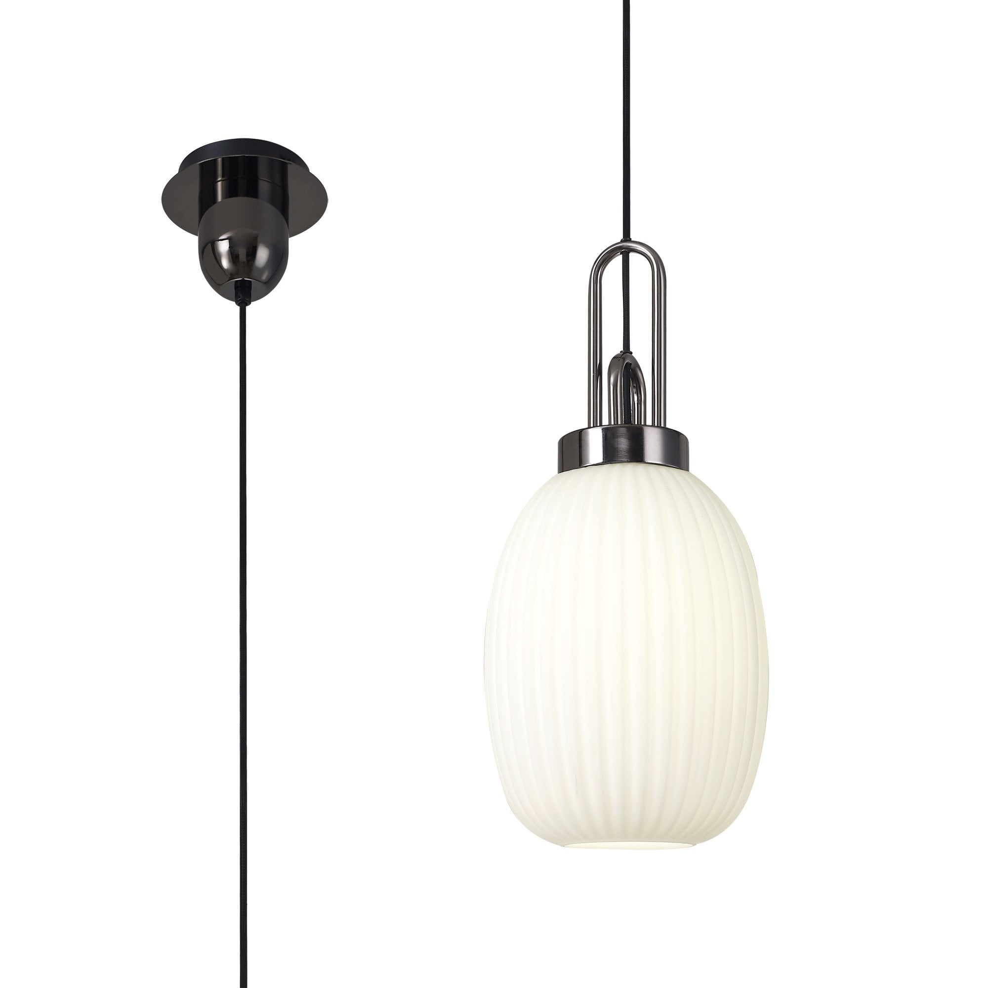Fabula Springfield Single Pendant - 20cm Almond Ribbed Glass Shade - Black Chrome & Opal Glass