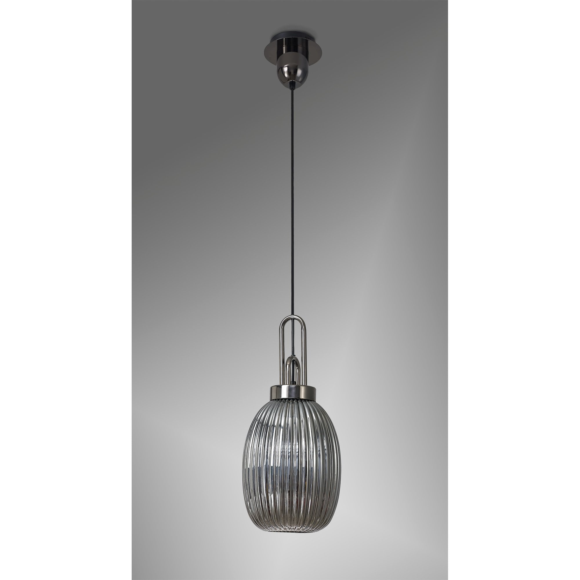 Fabula Springfield Single Pendant - 20cm Almond Ribbed Glass Shade - Black Chrome & Smoked Glass