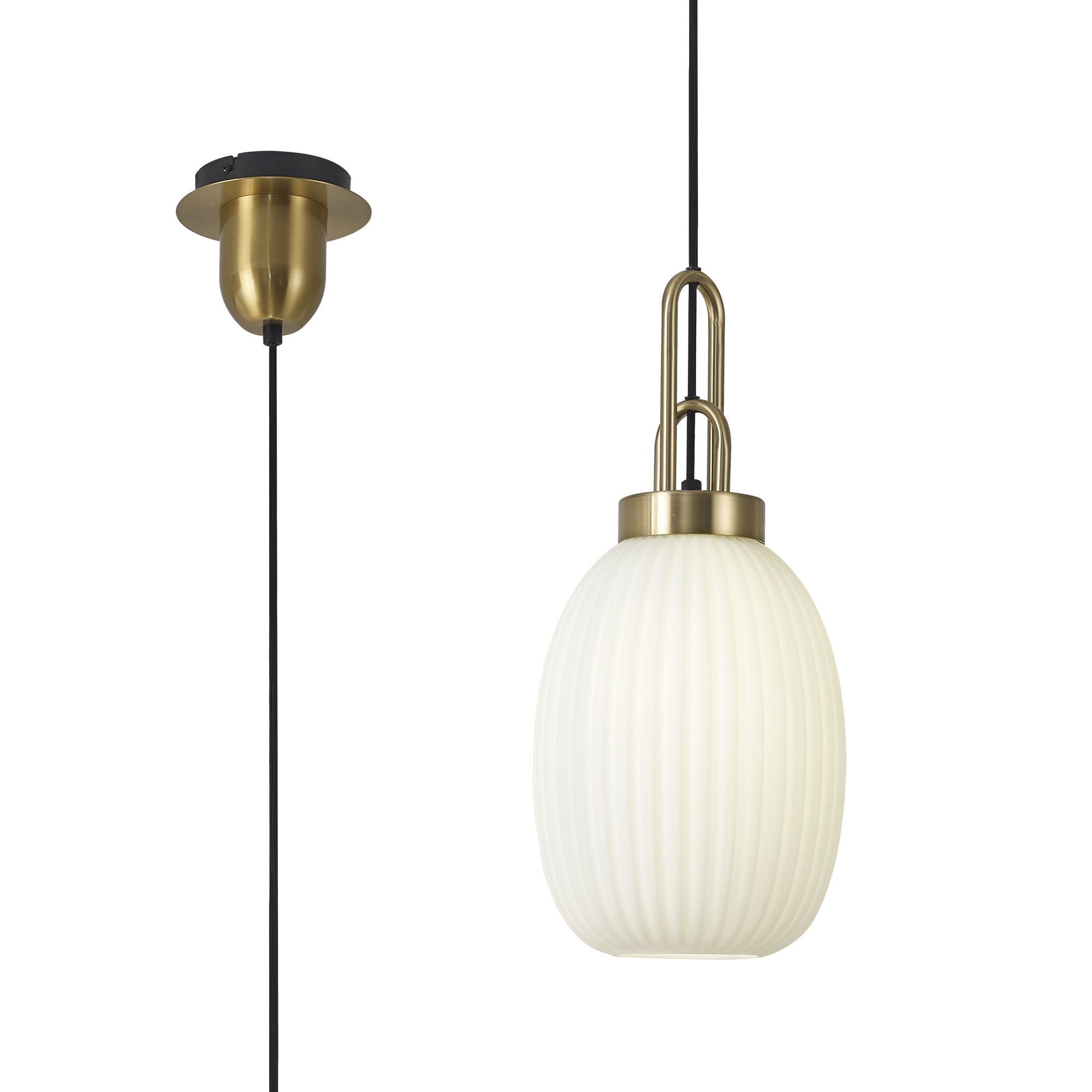 Fabula Springfield Single Pendant - 20cm Almond Ribbed Glass Shade - Brass Gold & Opal Glass
