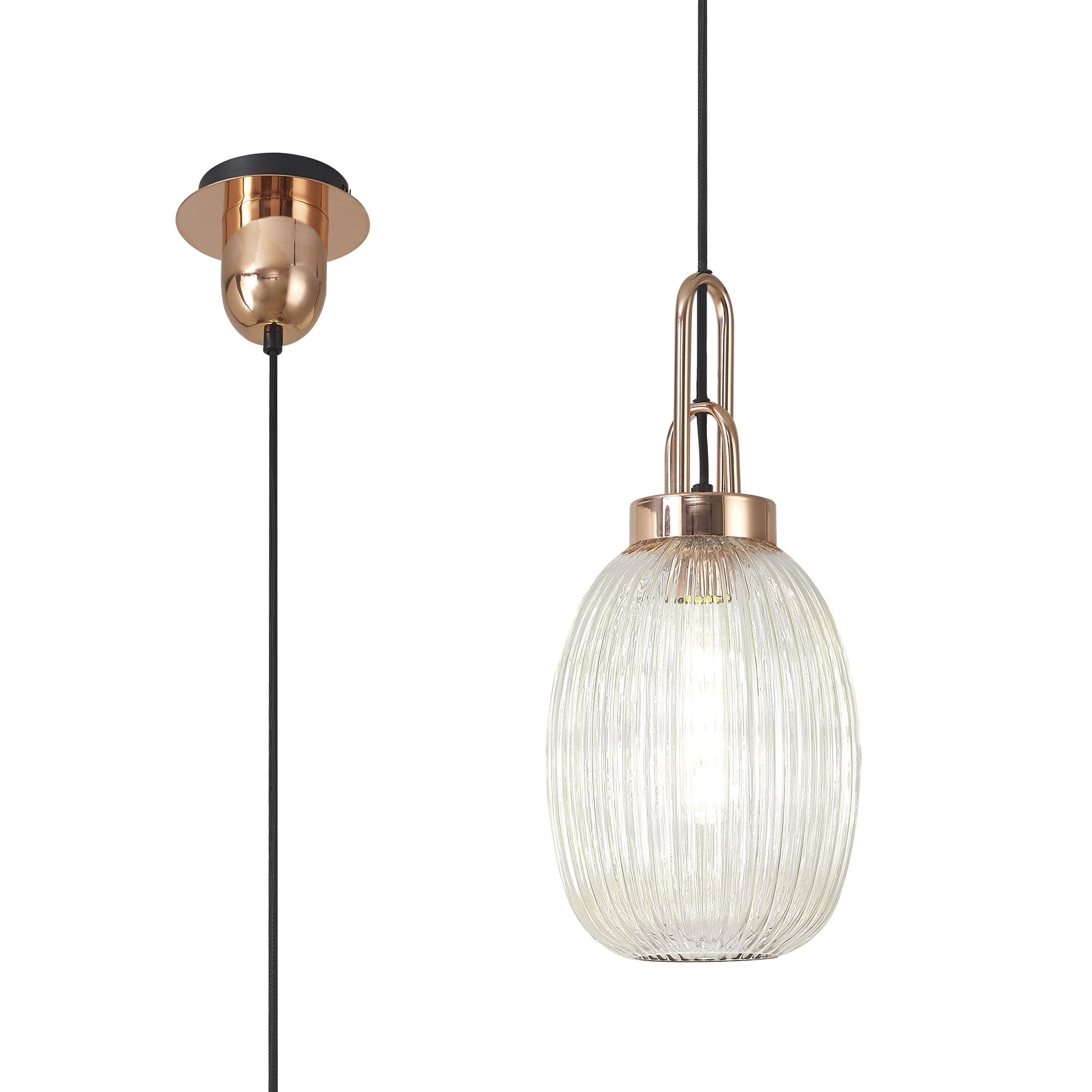 Fabula Springfield Single Pendant - 20cm Almond Ribbed Glass Shade - Copper & Champagne Glass