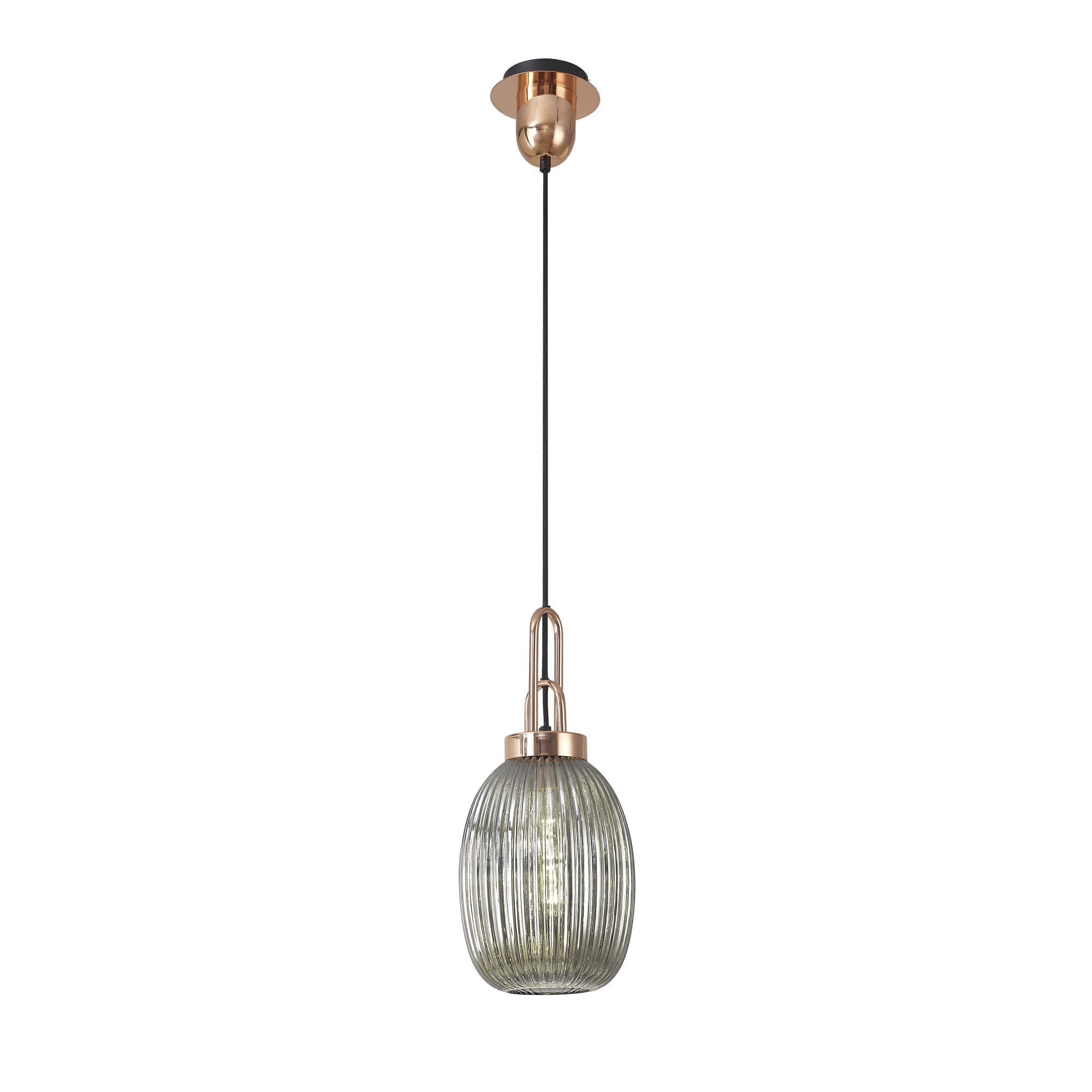 Fabula Springfield Single Pendant - 20cm Almond Ribbed Glass Shade - Copper & Smoked Glass
