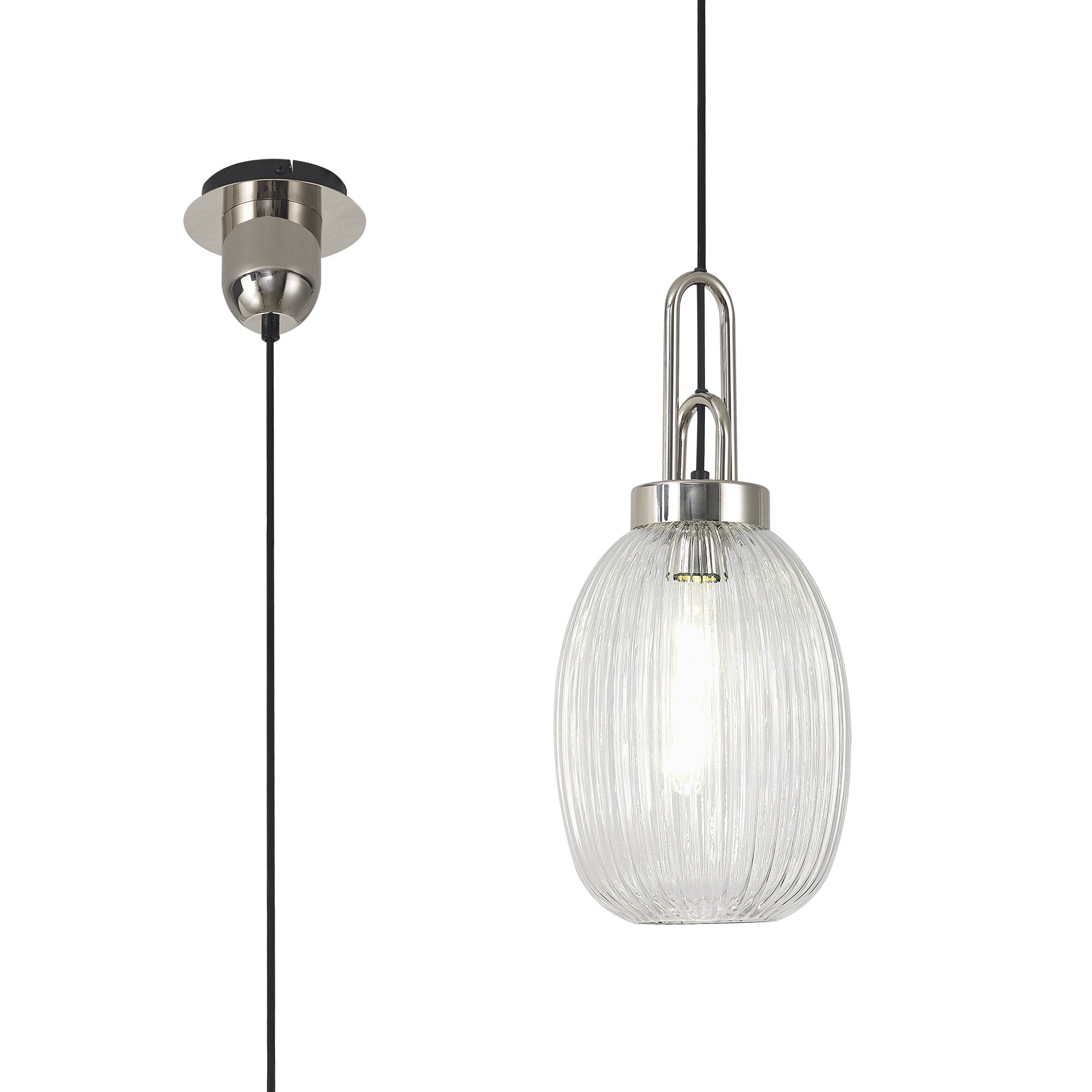 Fabula Springfield Single Pendant - 20cm Almond Ribbed Glass Shade - Polished Nickel & Clear Glass