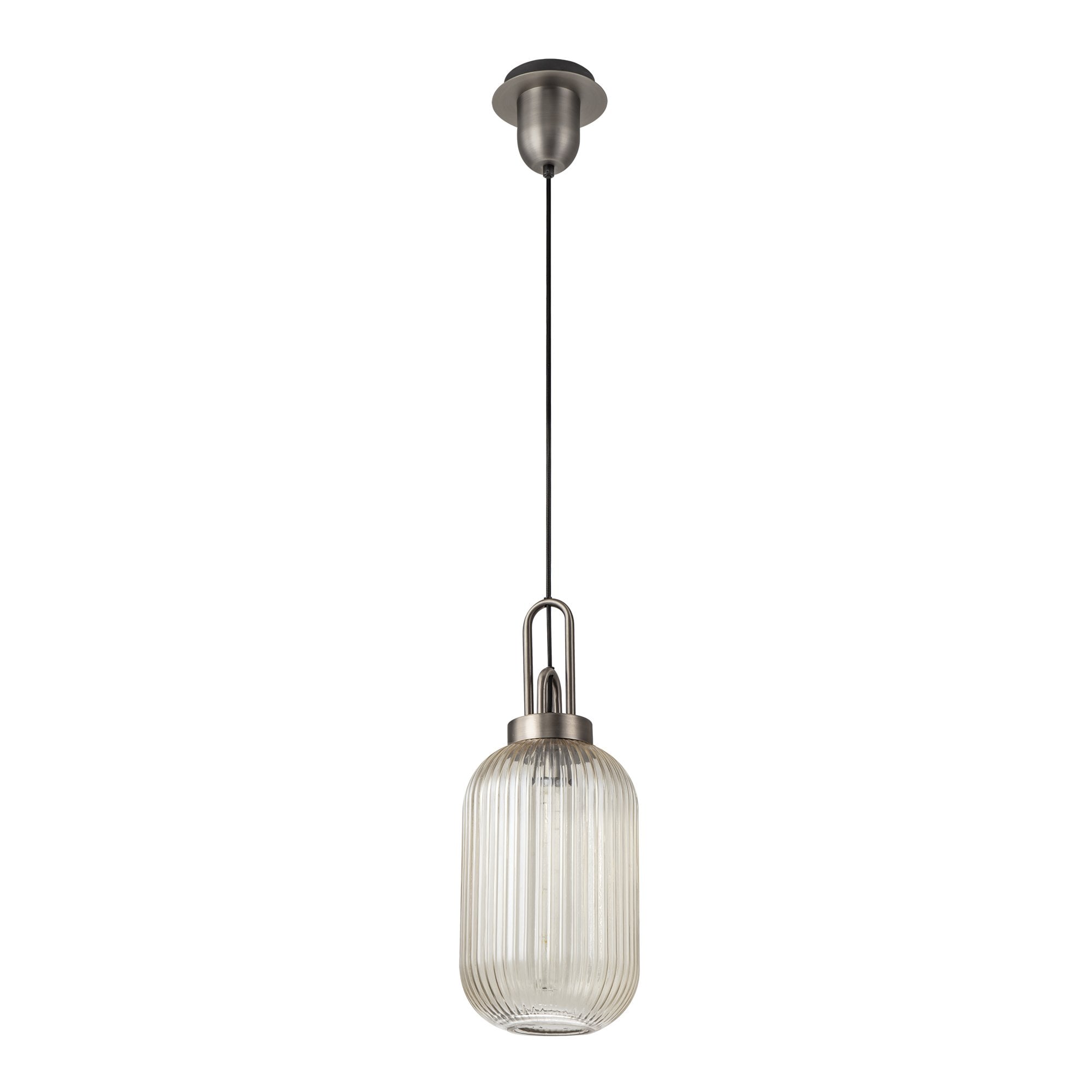Fabula Springfield Single Pendant - 20cm Tubular Ribbed Glass Shade - Antique Silver & Champagne Glass