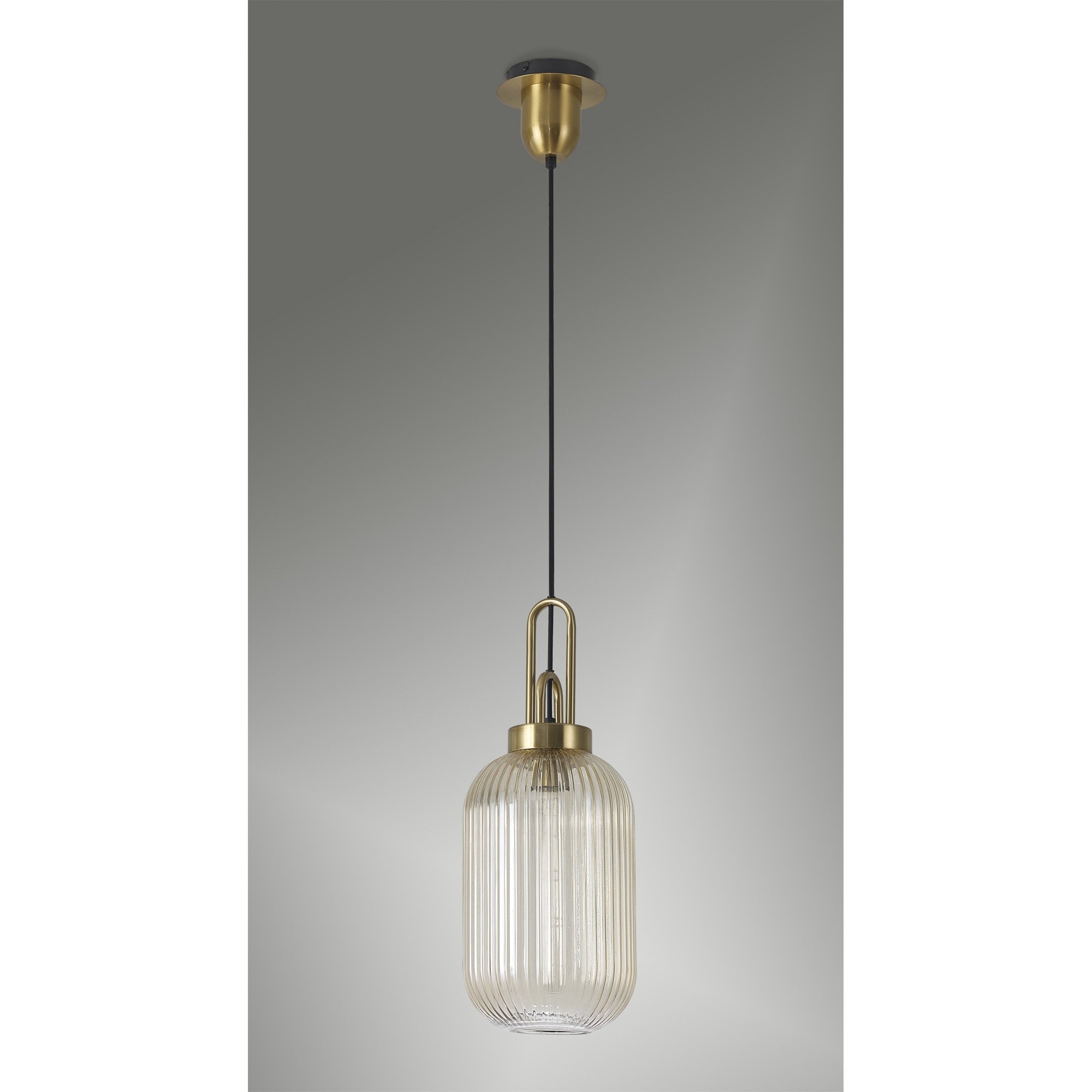 Fabula Springfield Single Pendant - 20cm Tubular Ribbed Glass Shade - Brass Gold & Champagne Glass