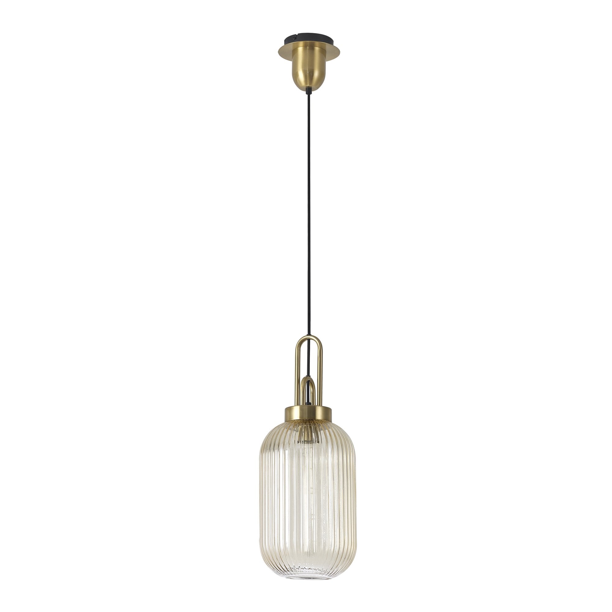 Fabula Springfield Single Pendant - 20cm Tubular Ribbed Glass Shade - Brass Gold & Champagne Glass
