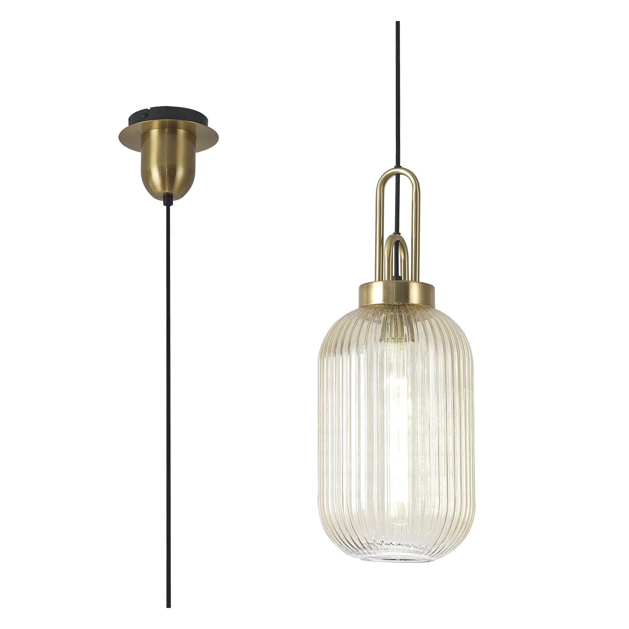 Fabula Springfield Single Pendant - 20cm Tubular Ribbed Glass Shade - Brass Gold & Champagne Glass