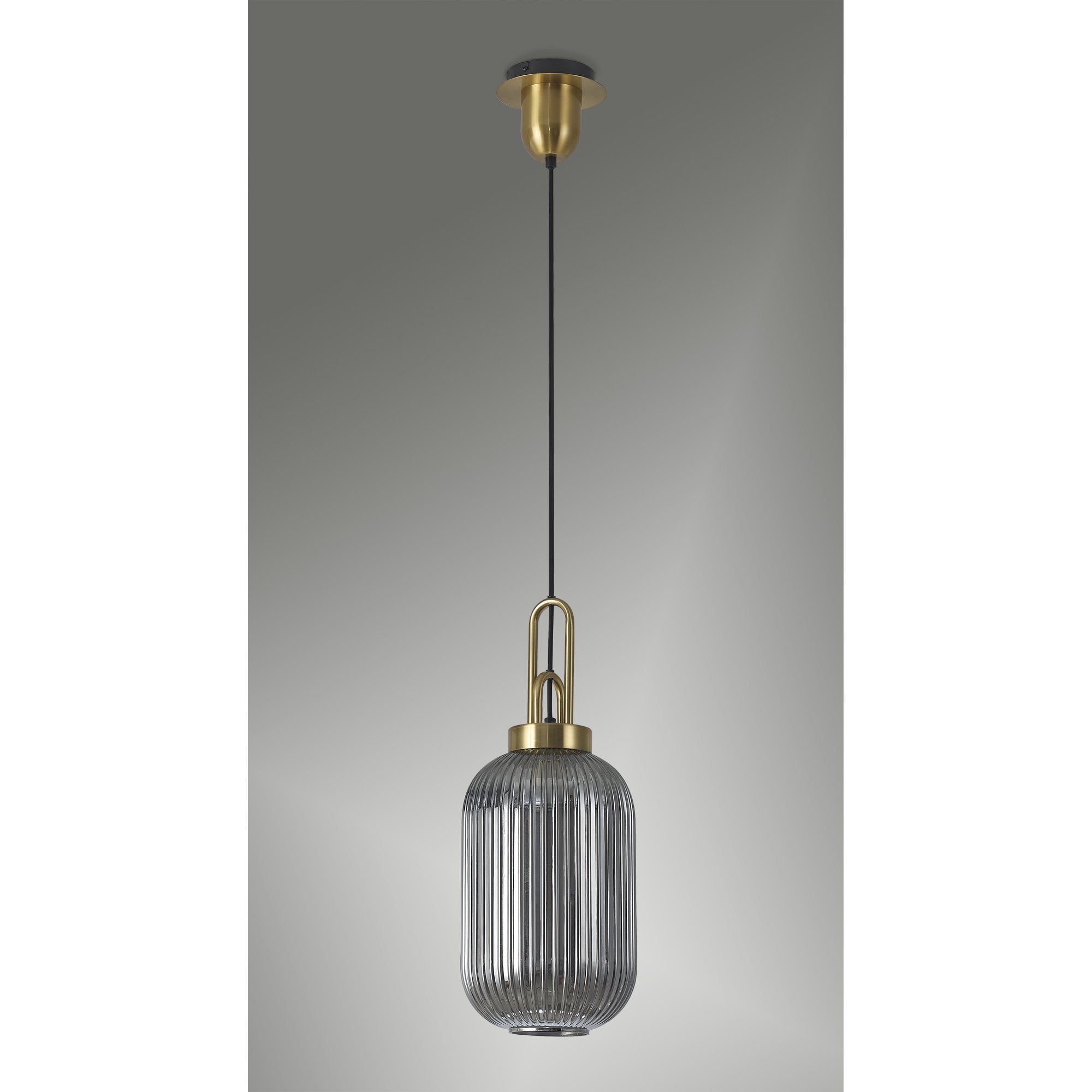 Fabula Springfield Single Pendant - 20cm Tubular Ribbed Glass Shade - Brass Gold & Smoked Glass