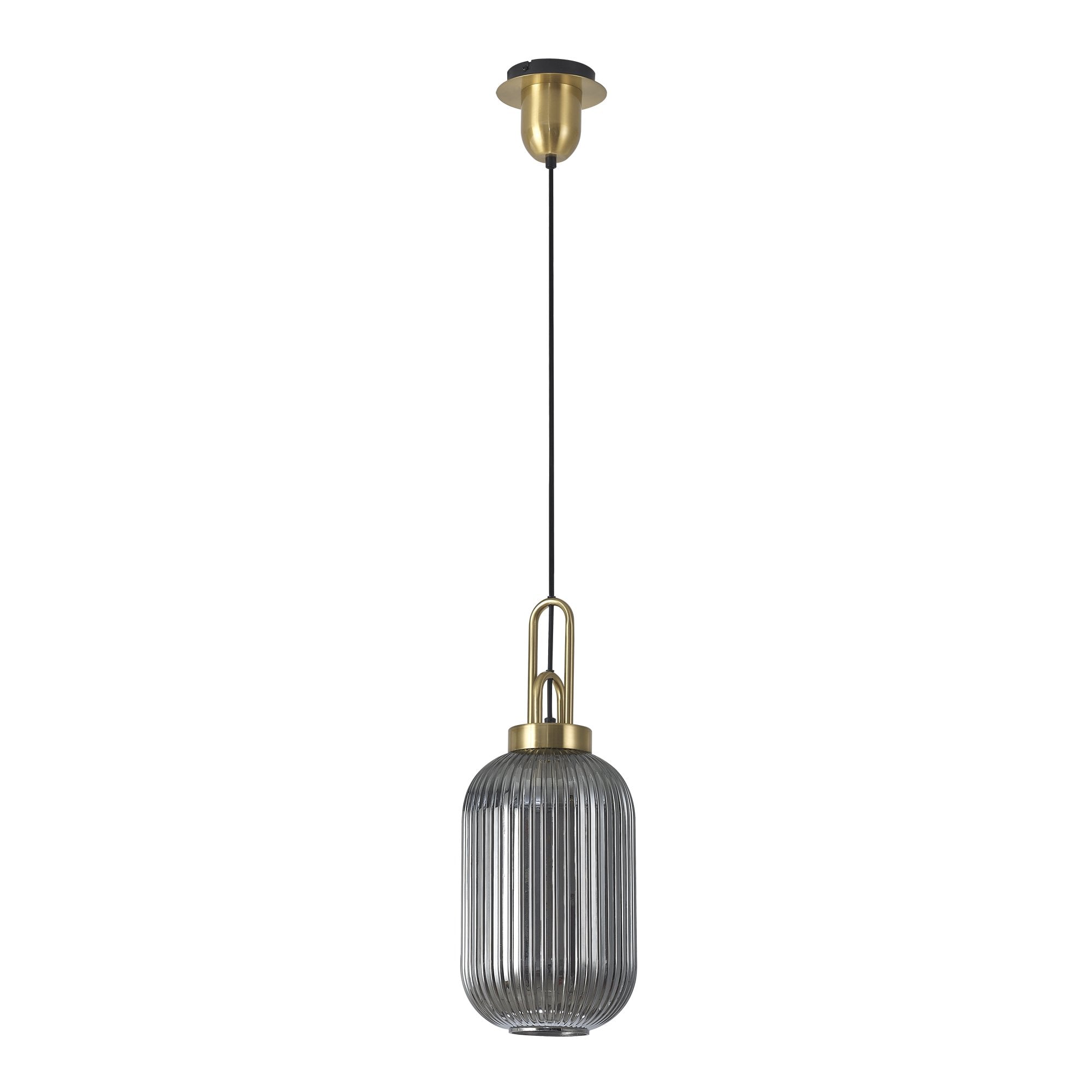Fabula Springfield Single Pendant - 20cm Tubular Ribbed Glass Shade - Brass Gold & Smoked Glass