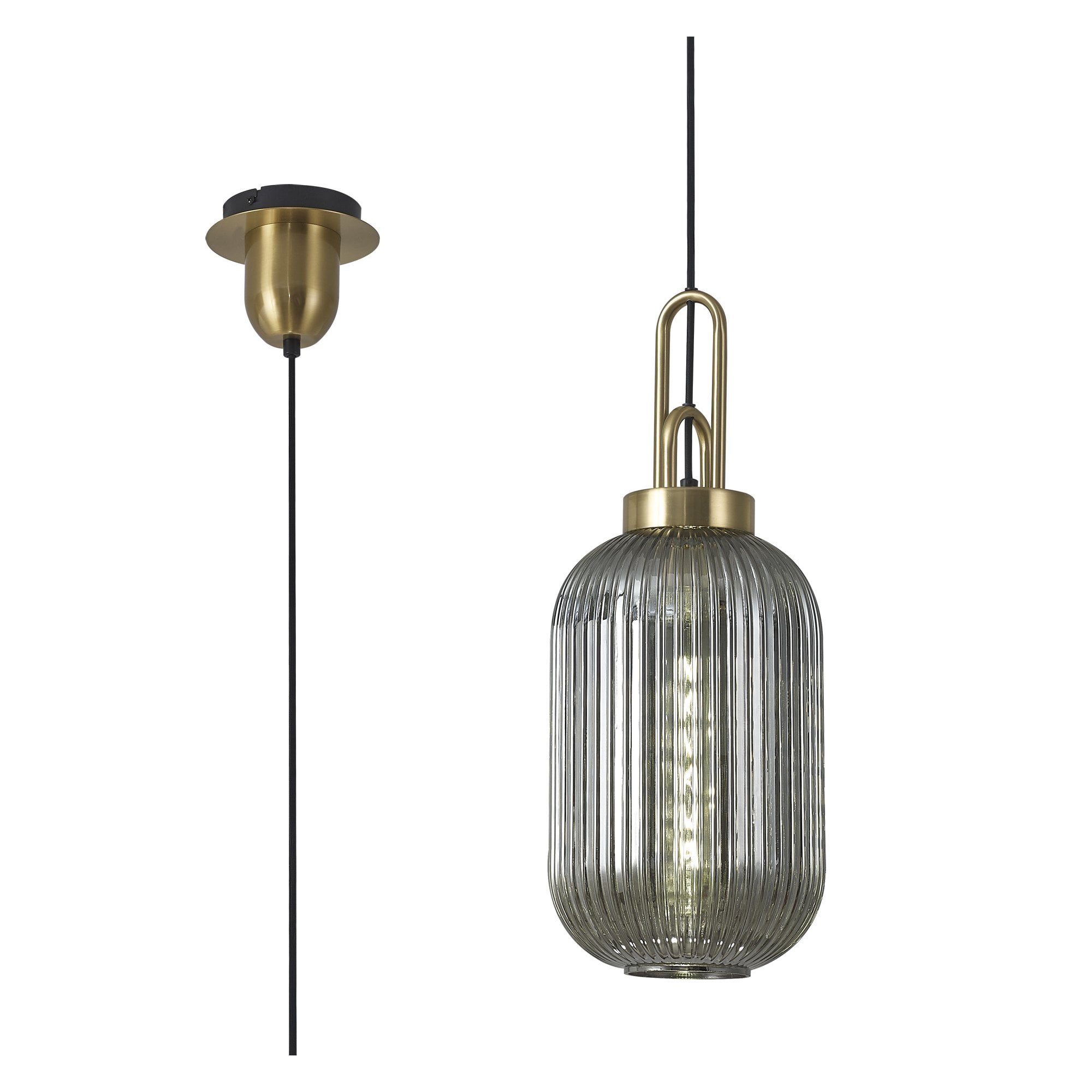 Fabula Springfield Single Pendant - 20cm Tubular Ribbed Glass Shade - Brass Gold & Smoked Glass