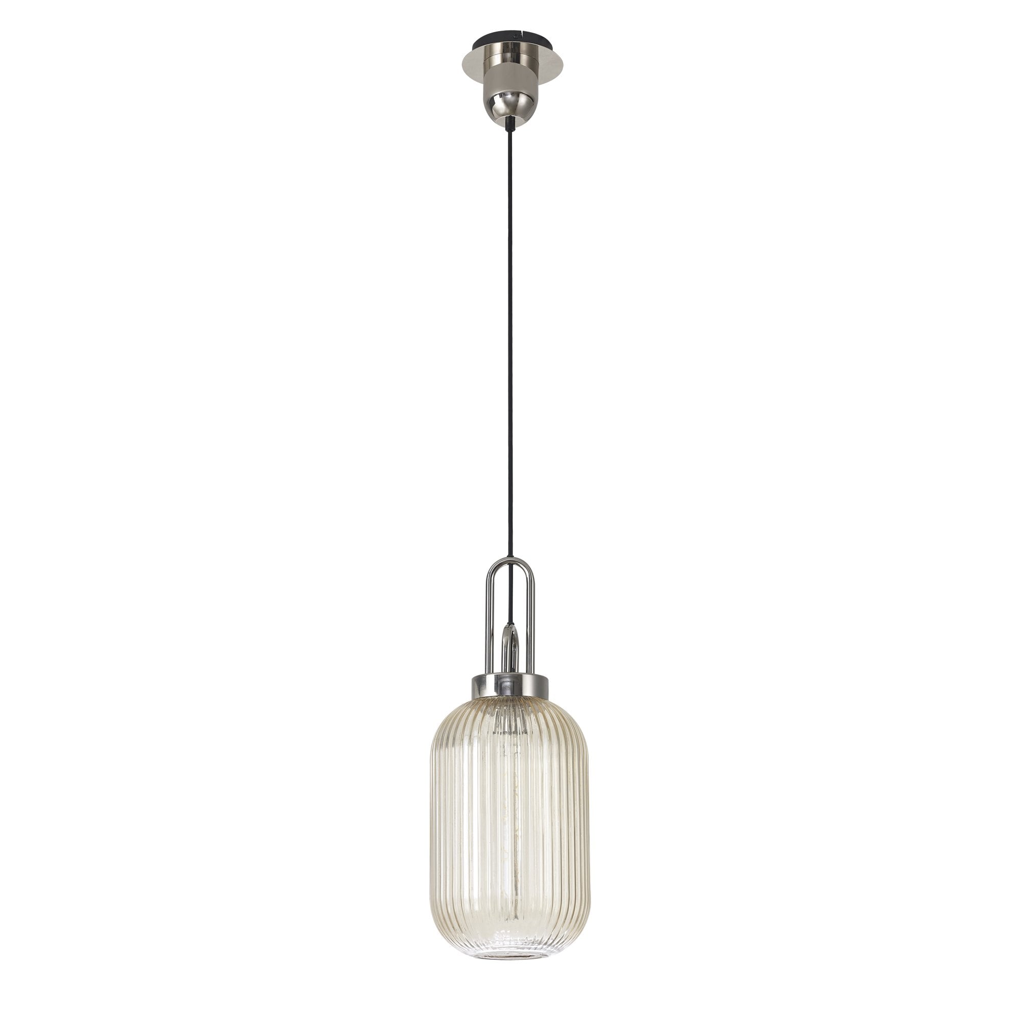 Fabula Springfield Single Pendant - 20cm Tubular Ribbed Glass Shade - Polished Nickel & Champagne Glass