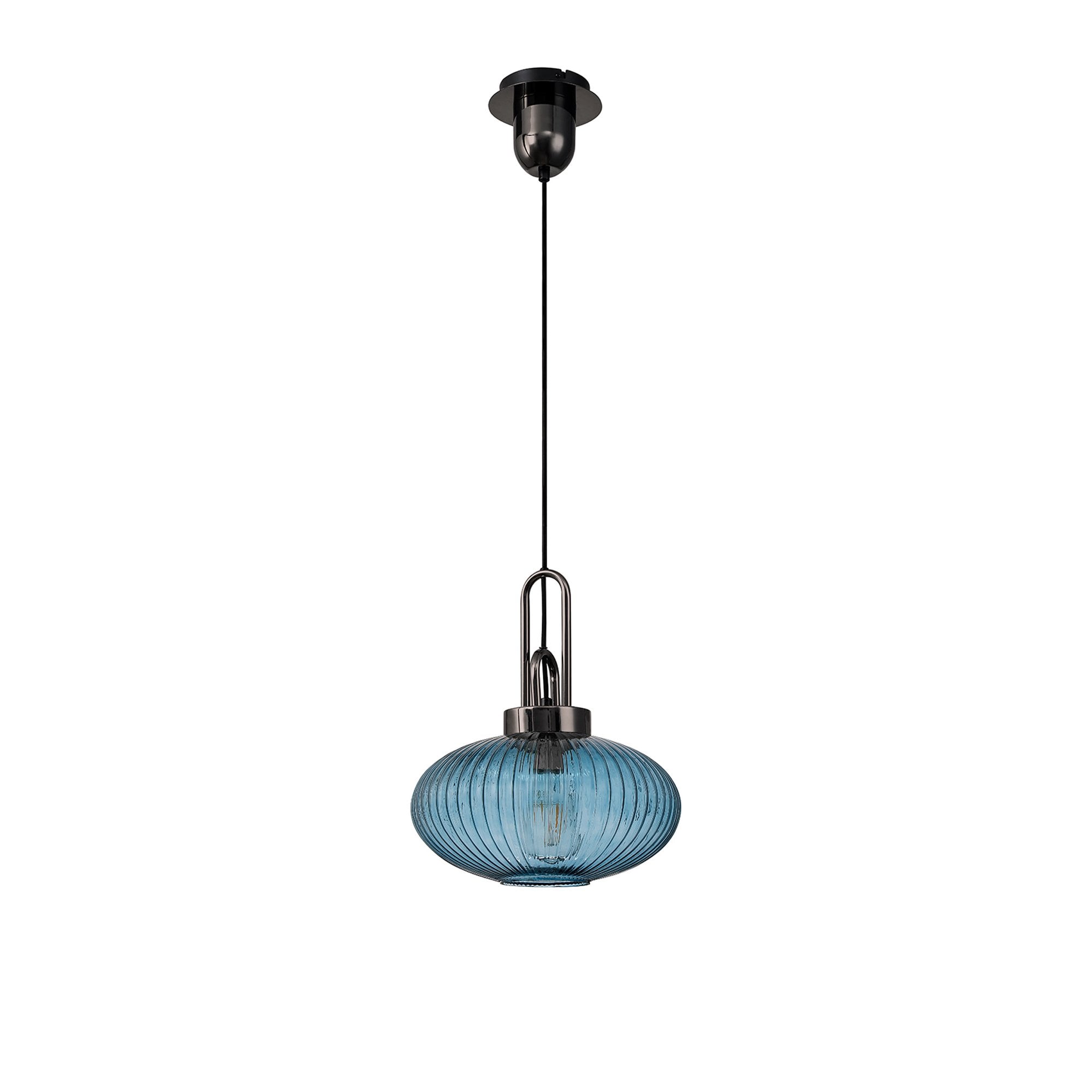 Fabula Springfield Single Pendant - 30cm Oval Sphere Ribbed Glass Shade - Black Chrome & Petrol Blue Glass