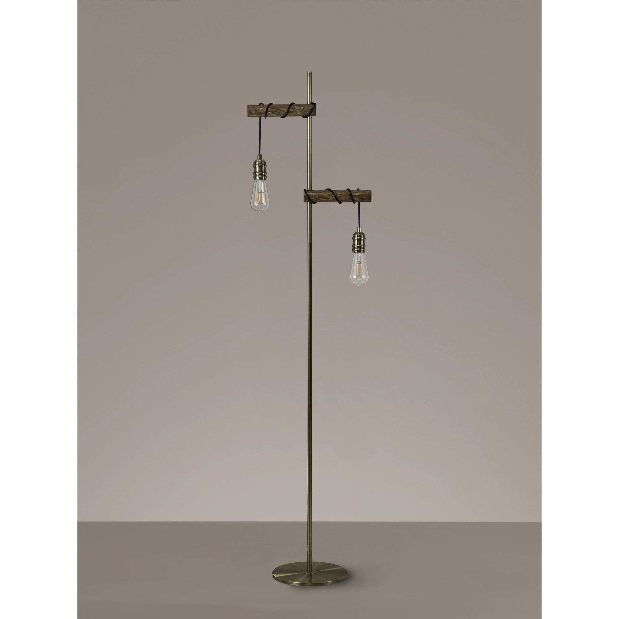 Fabula York 2 Light Floor Lamp - Medium Oak & Antique Brass
